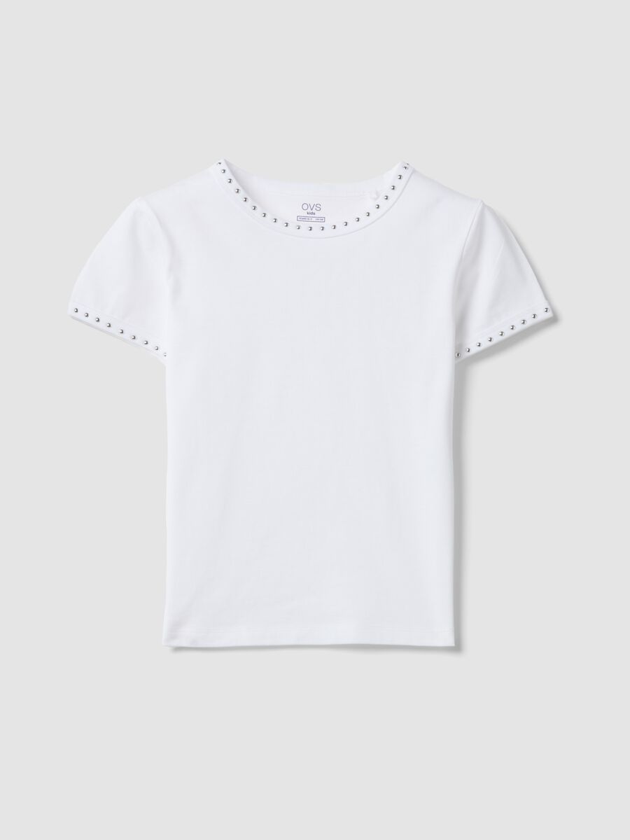 Girls&rsquo; white pure cotton slim-fit T-shirt with rhinestones_0