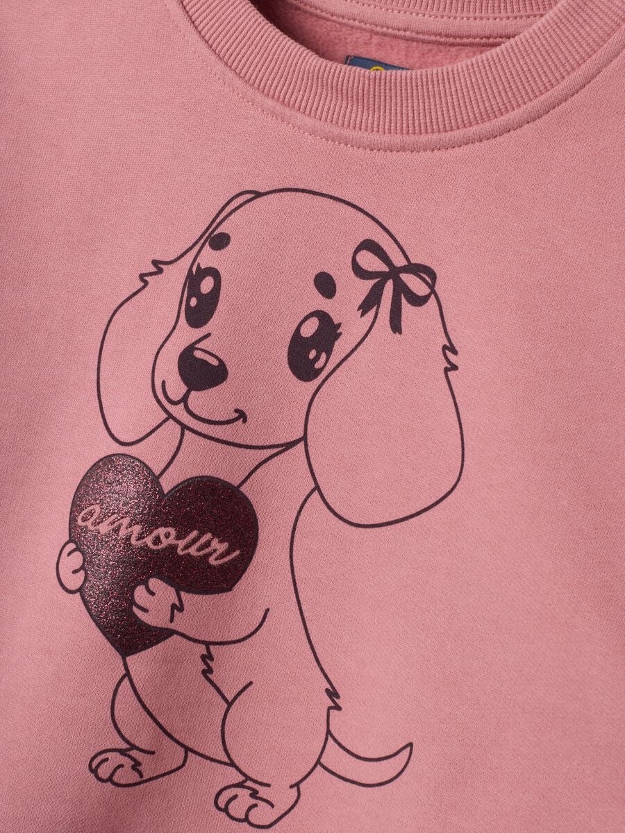 Felpa rosa in puro cotone con girocollo e stampa cagnolino_3