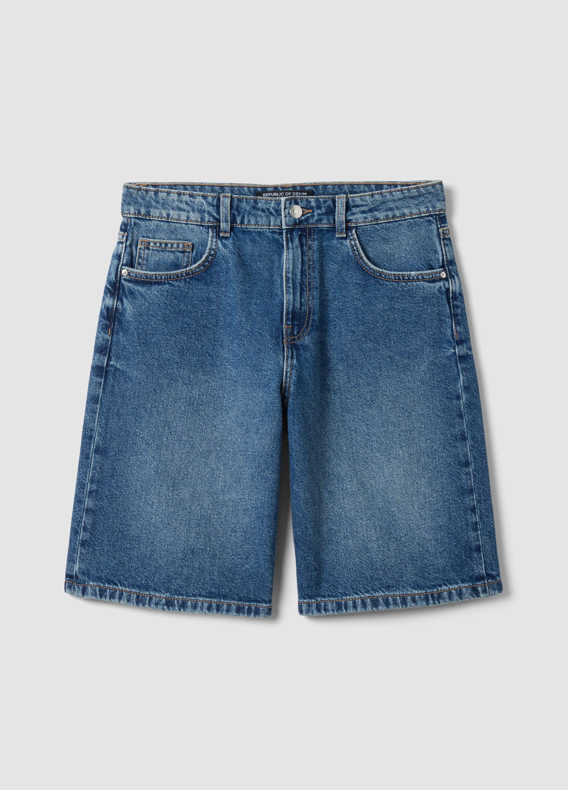Dark blue denim pure cotton wide-leg shorts