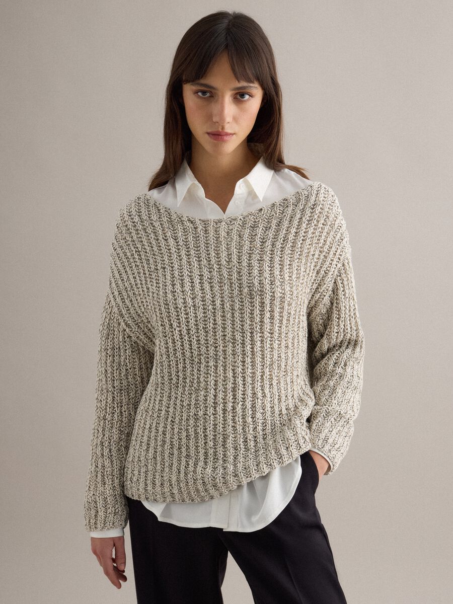 Beige cotton blend regular fit woven jumper with boat neck_1