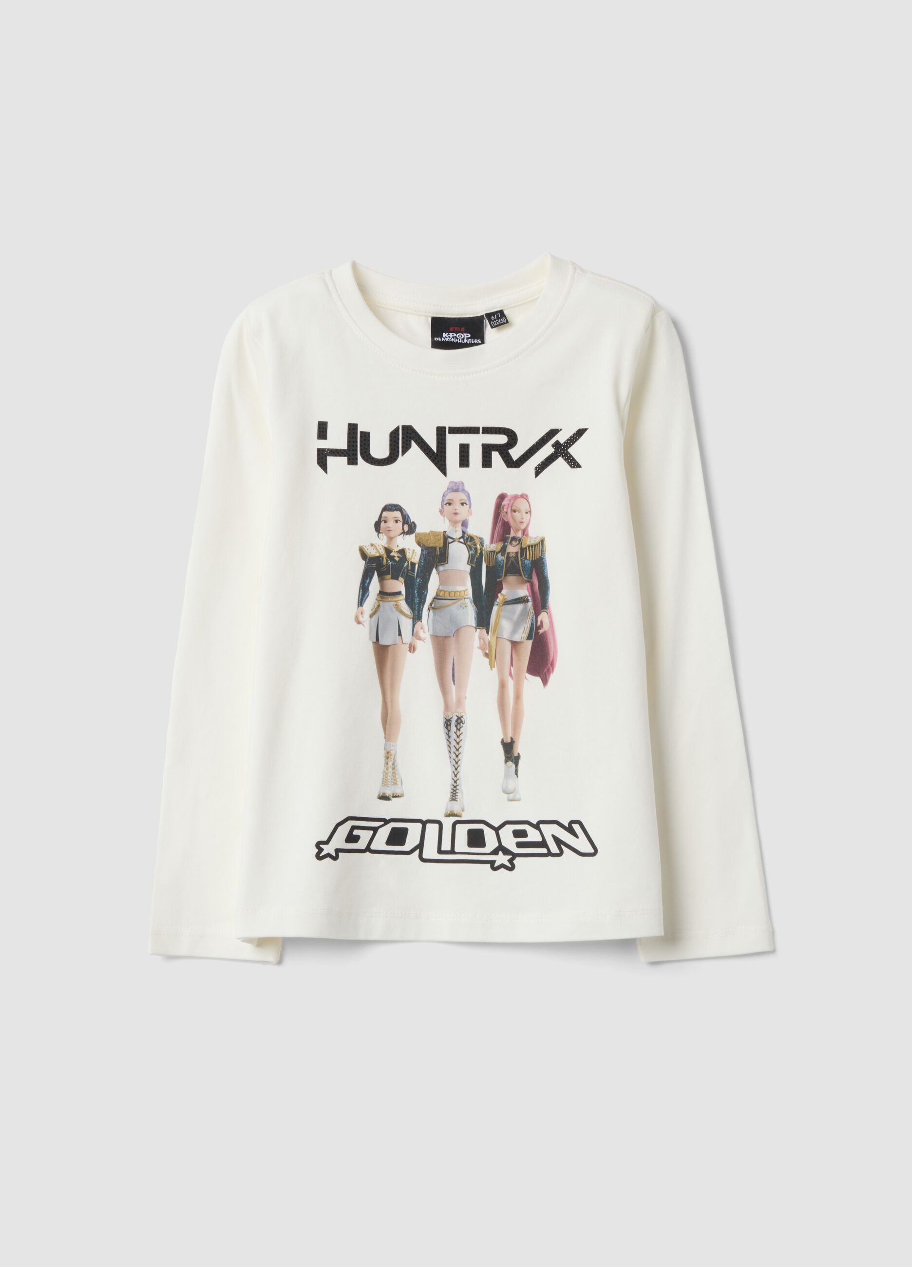 T-shirt branca em algod&atilde;o el&aacute;stico com estampado K-Pop Demon Hunters