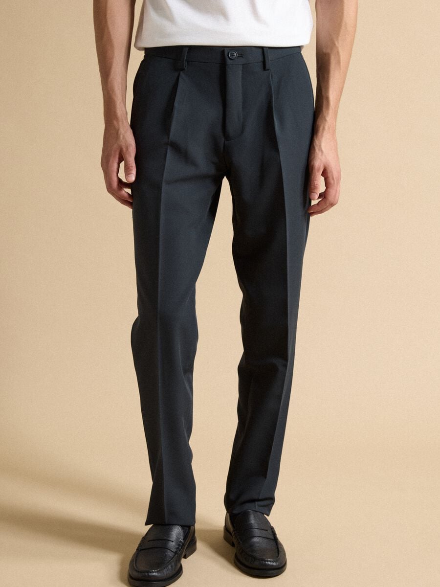 Blue slim-fit formal trousers in stretch viscose twill_1