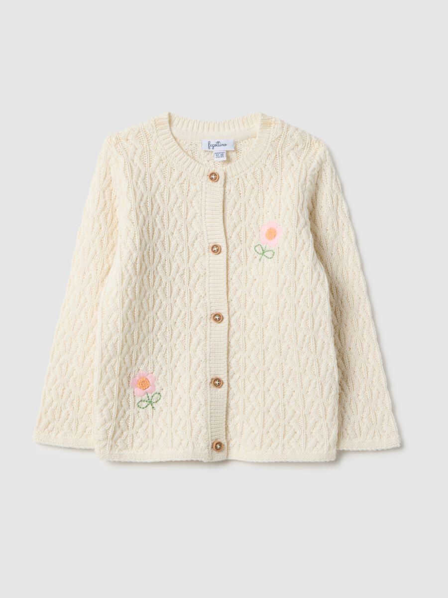 Girls' beige pure cotton cardigan with regular fit and embroidery_0