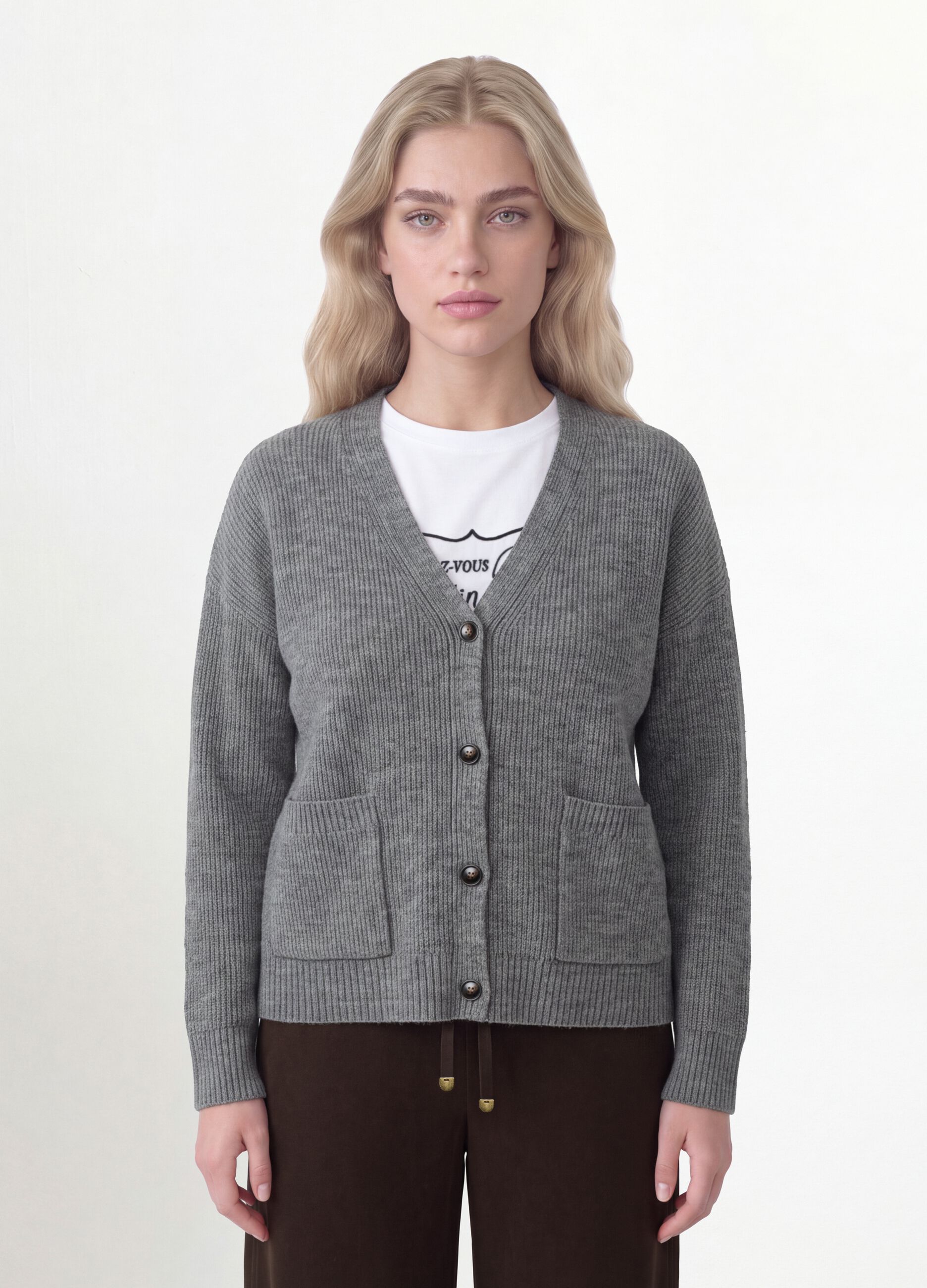 Cardigan cinzento em tecido el&aacute;stico com decote em V profundo