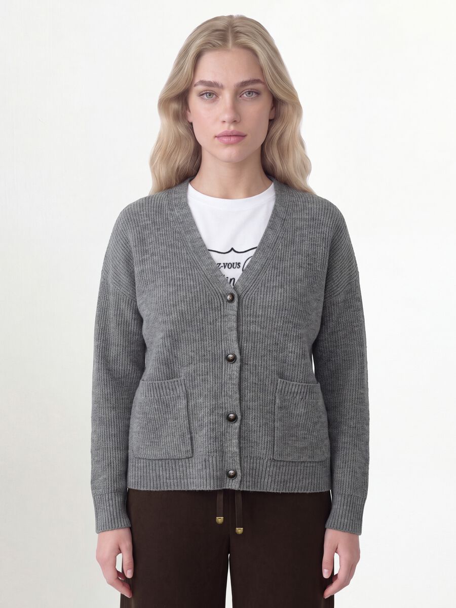 Cardigan grigio in tessuto elasticizzato con scollo profondo a V_0