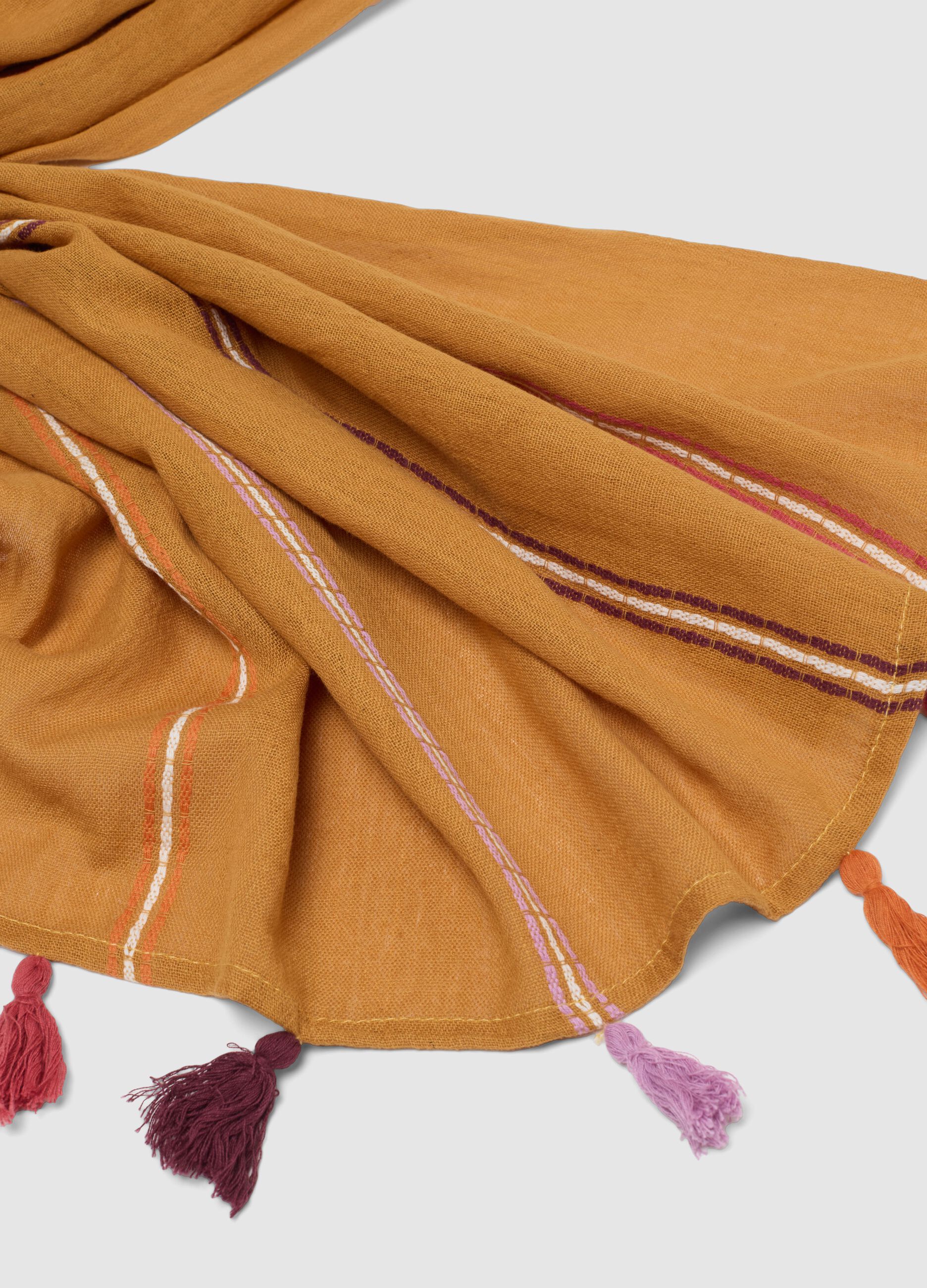 Brown pure cotton scarf with multicolour fringes