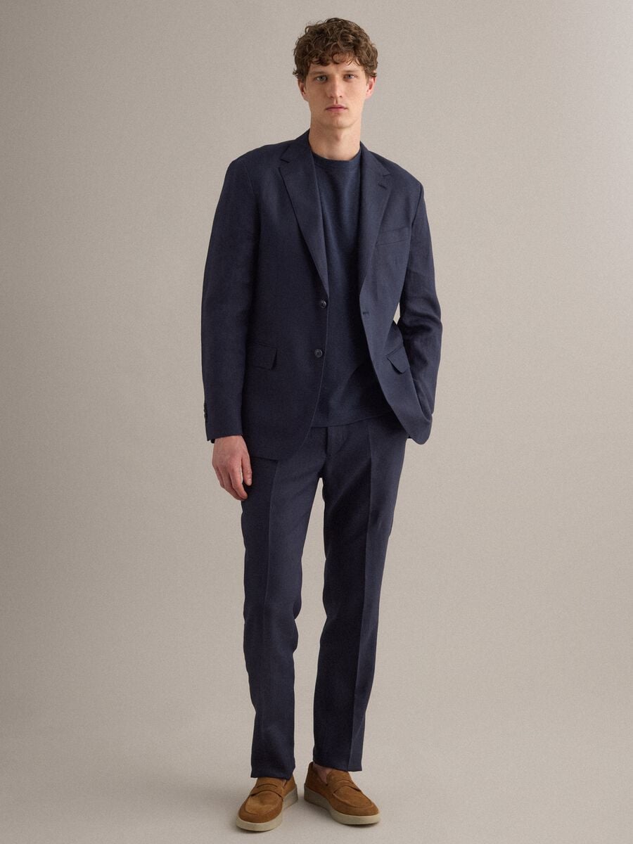 Regular fit pure blue linen trousers_0