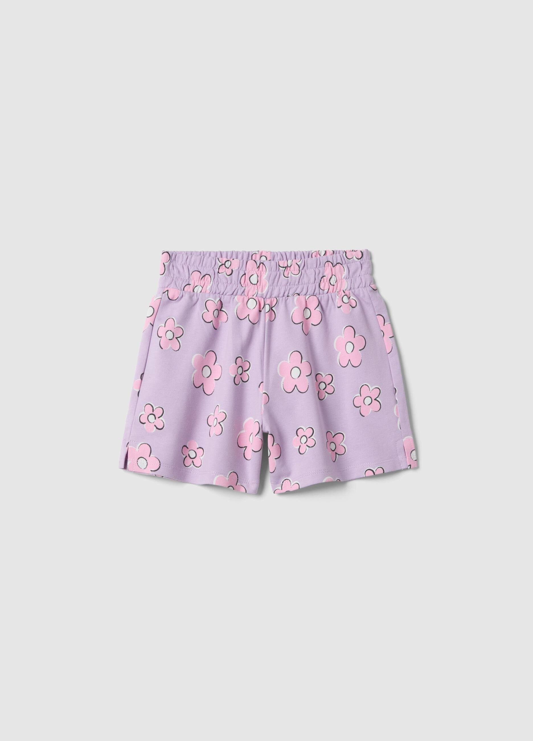 Girl's regular fit purple pure cotton shorts with flowers