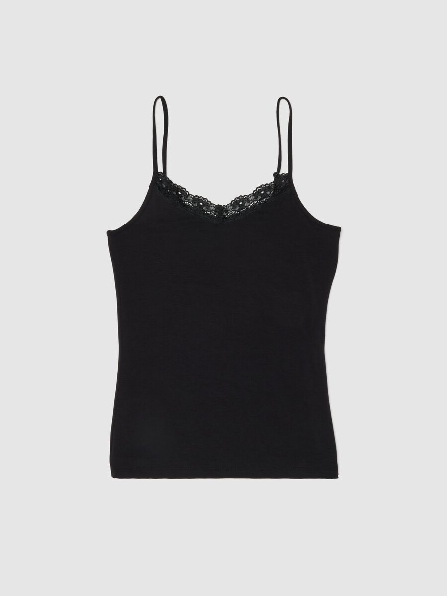 Canottiera in viscosa elasticizzata nera slim fit con pizzo_0