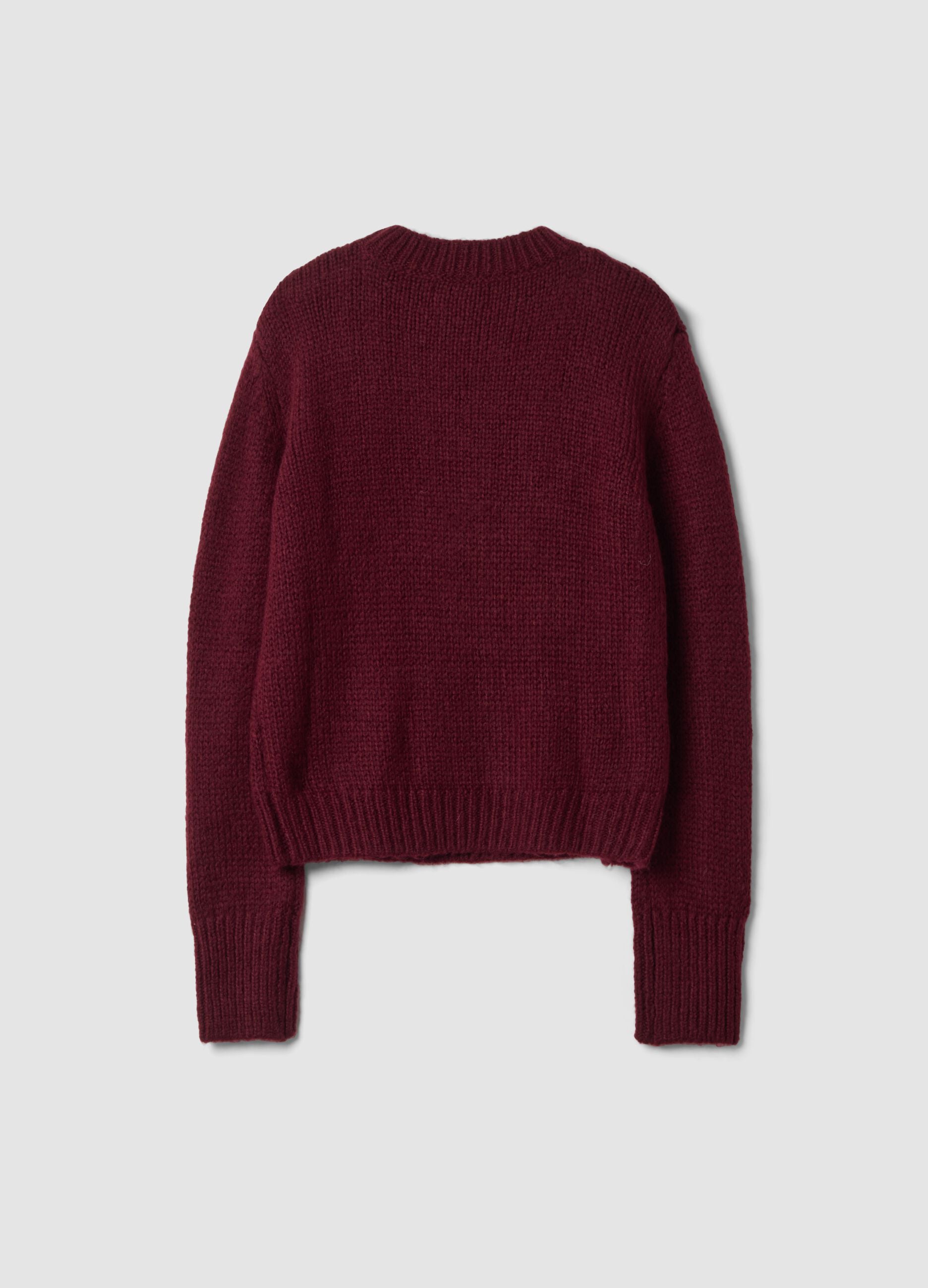 Burgundy red crew-neck cable-knit wool-blend jumper, regular fit