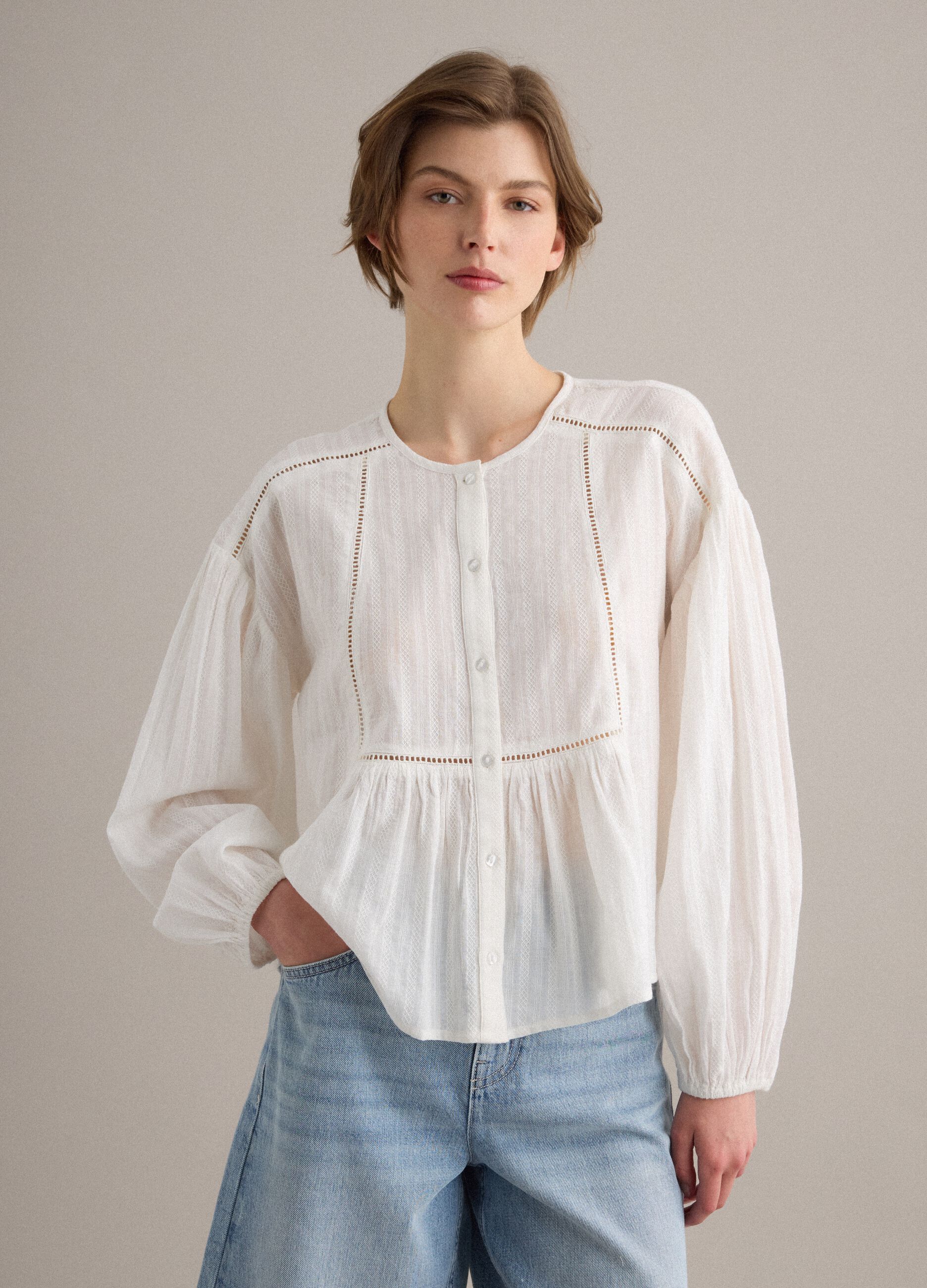 White pure cotton regular-fit shirt with broderie anglaise inserts