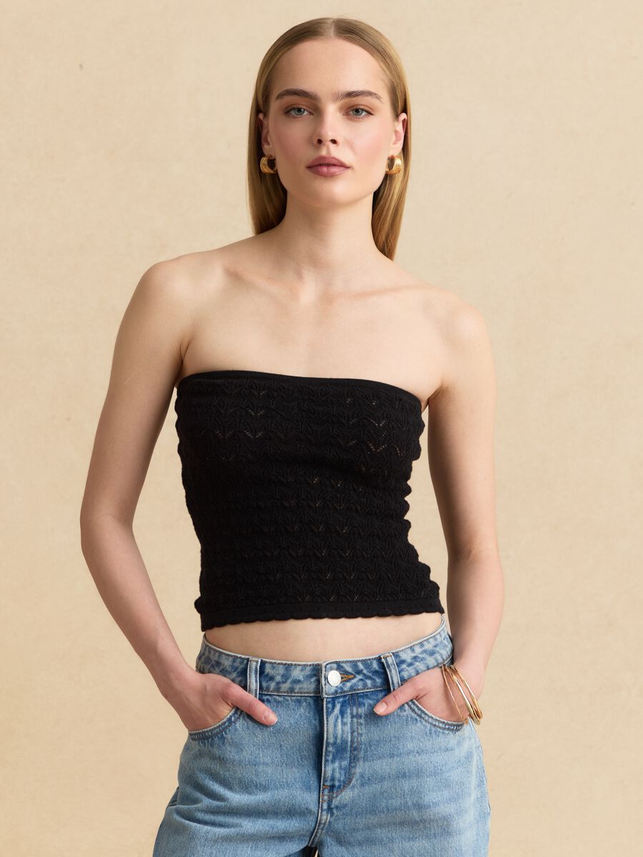 Schwarzes Bandeau-Top aus reiner Baumwolle in Strick_2