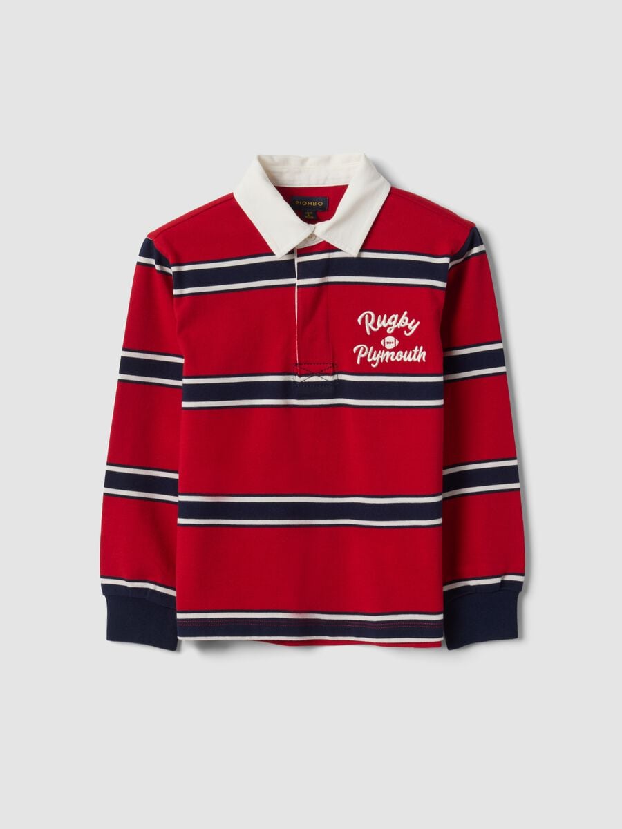 Polo rugby vermelho &agrave;s riscas em algod&atilde;o puro para menino, corte regular_3