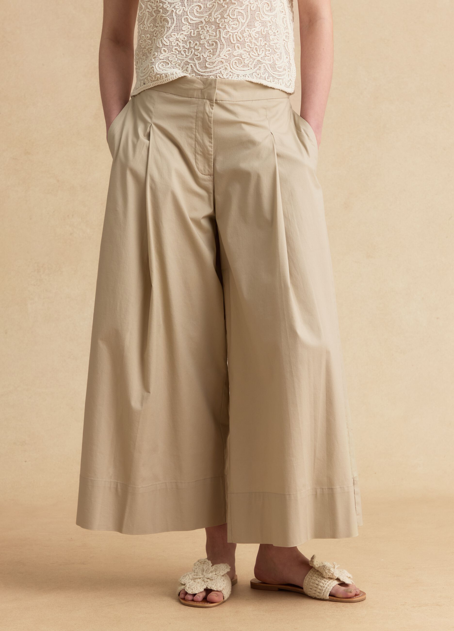 Beige stretch cotton palazzo trousers
