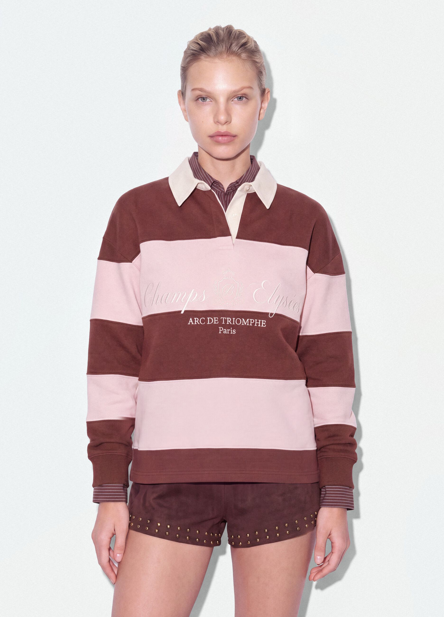 Sweatshirt castanha &agrave;s riscas em mistura de algod&atilde;o com colarinho, corte relaxed
