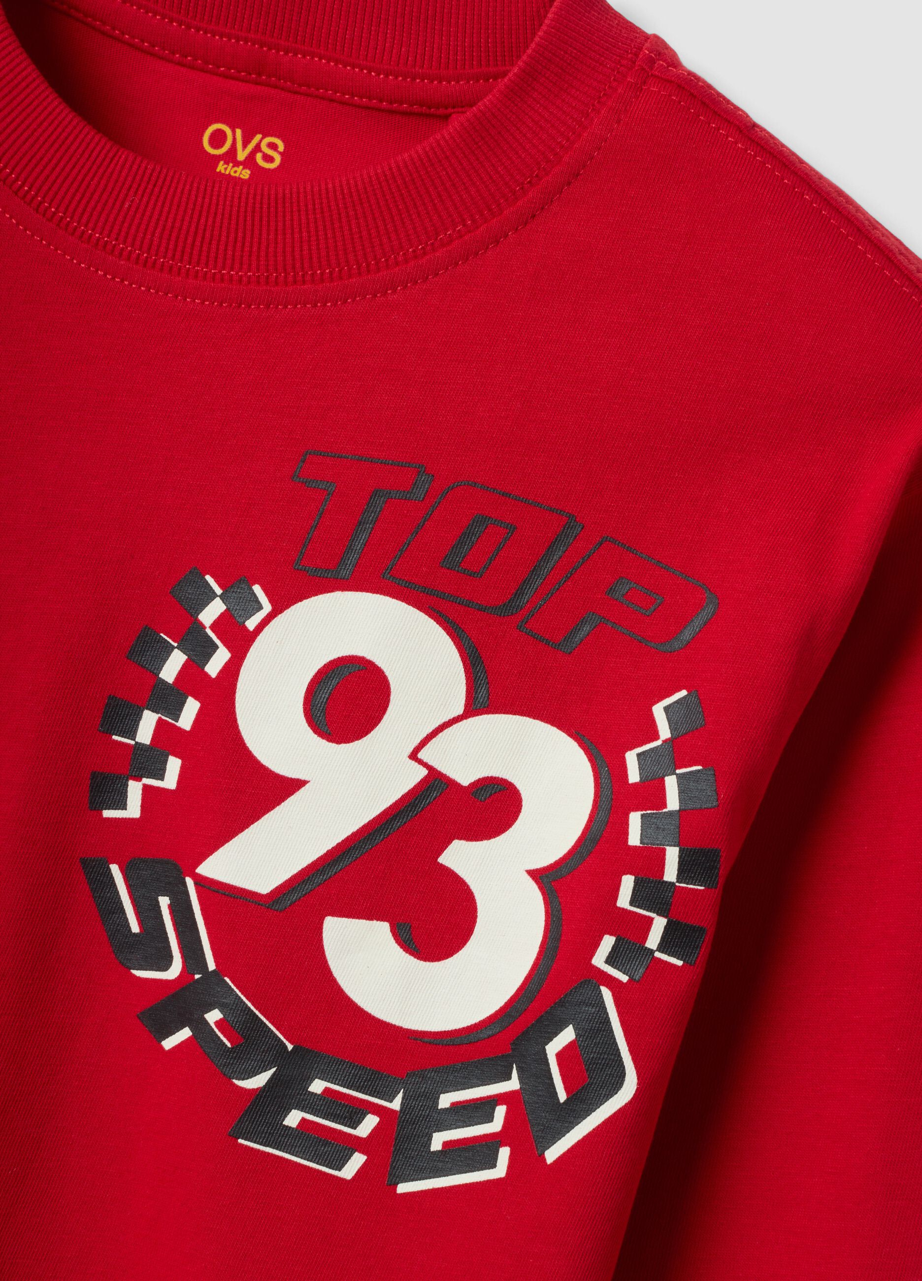 T-shirt rossa in puro cotone con girocollo e stampa Top Speed