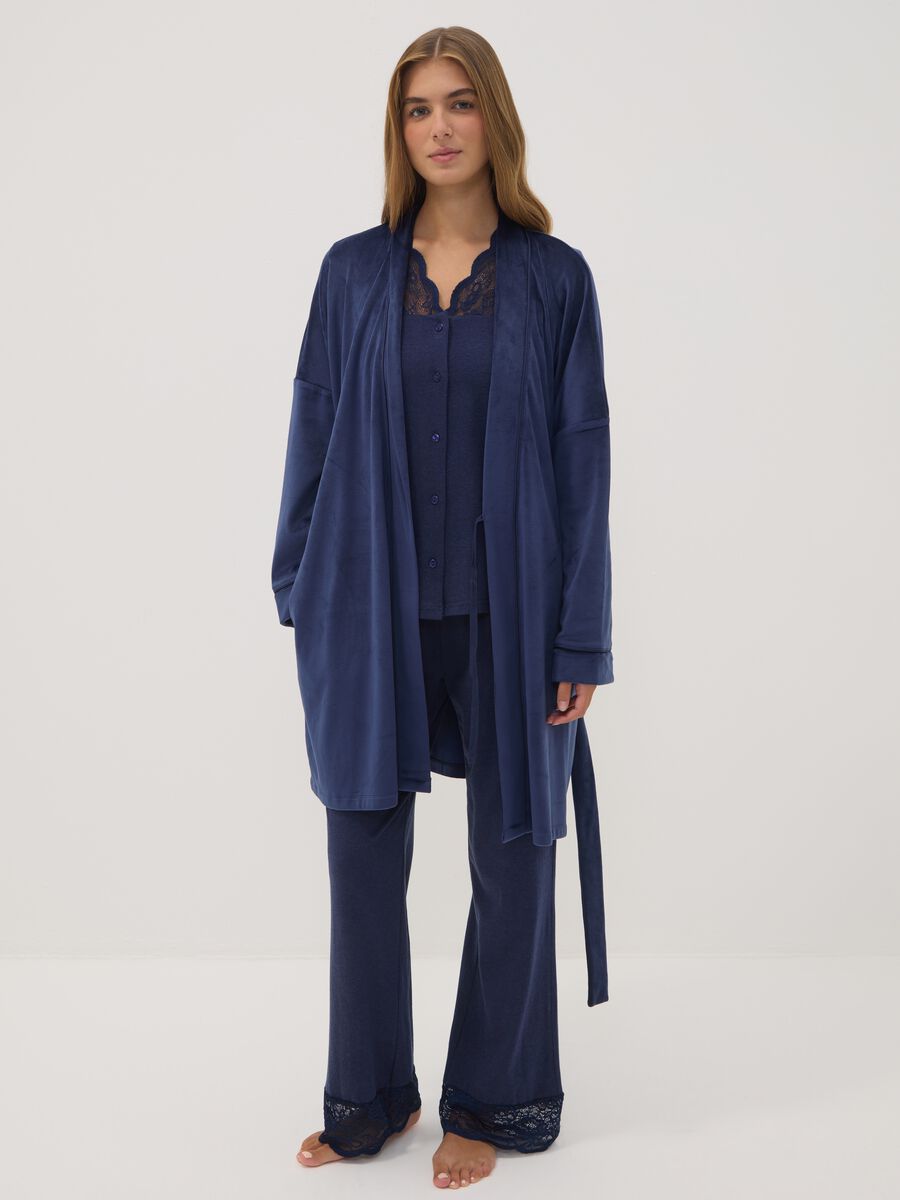 Blue stretch-fabric dressing gown with belt_1