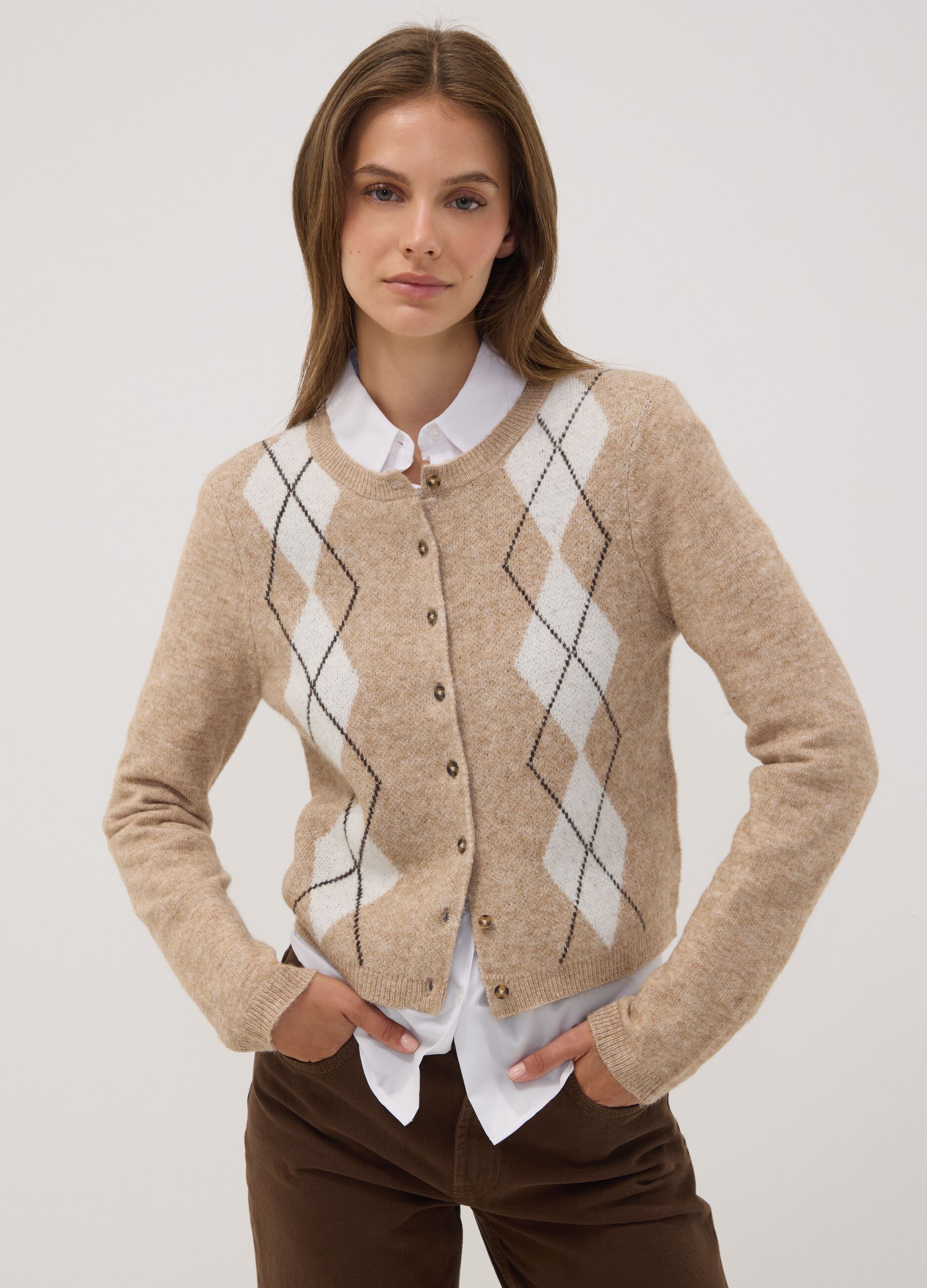 Beige jacquard stretch wool crew-neck cardigan, regular fit