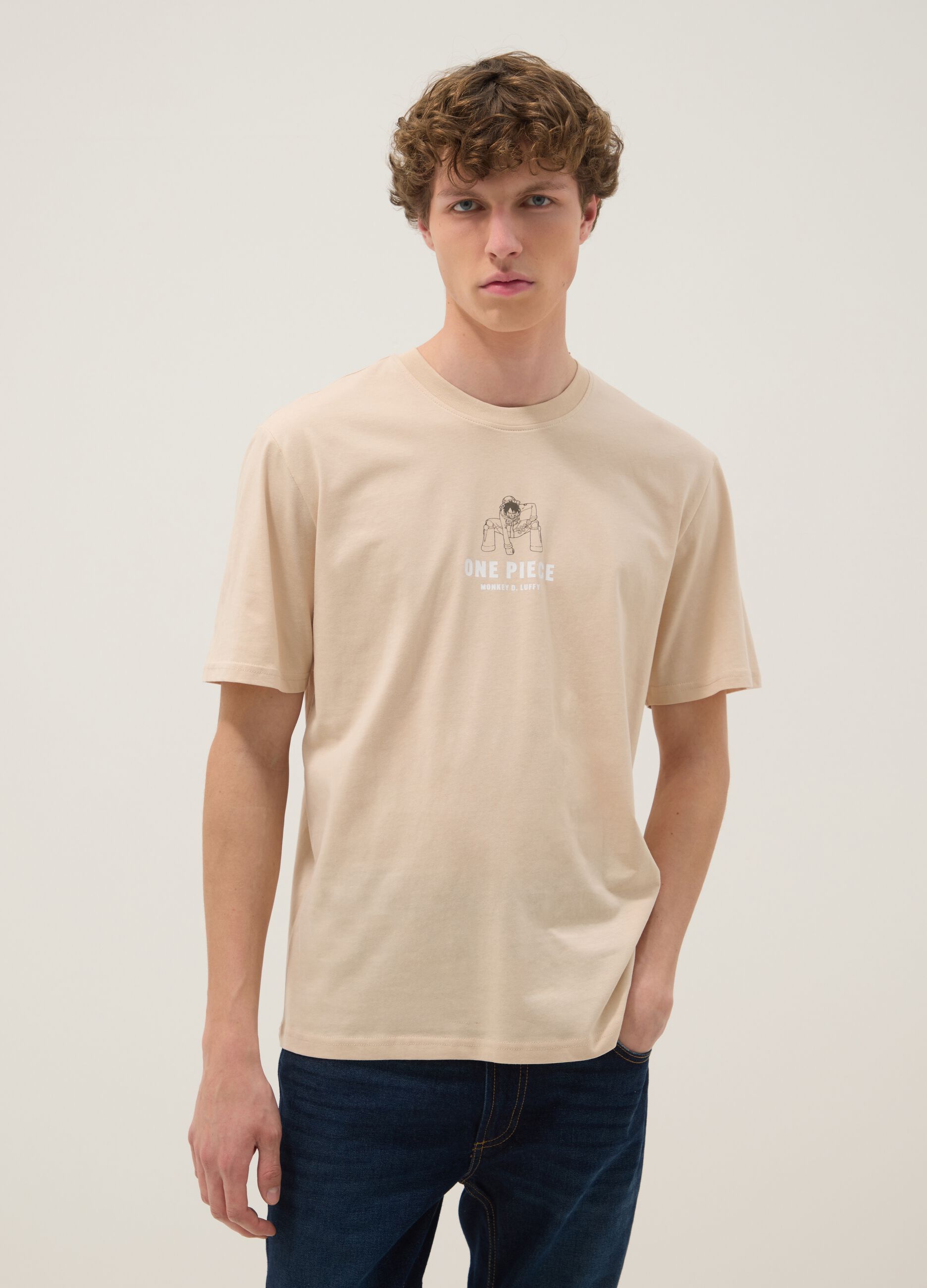 Beiges T-Shirt aus reiner Baumwolle mit One-Piece-Print, Relaxed Fit