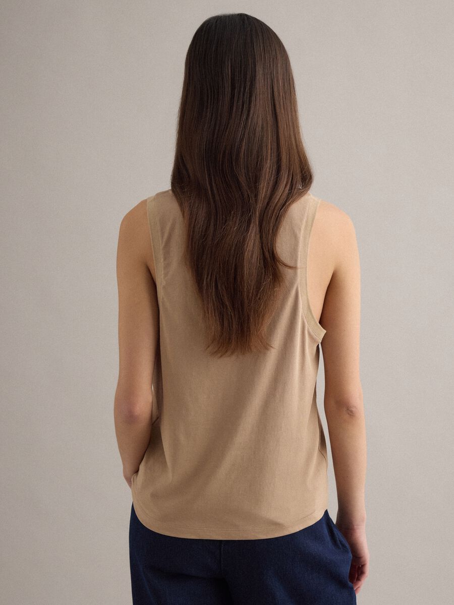 Beige cotton blend regular fit V-neck tank top_3