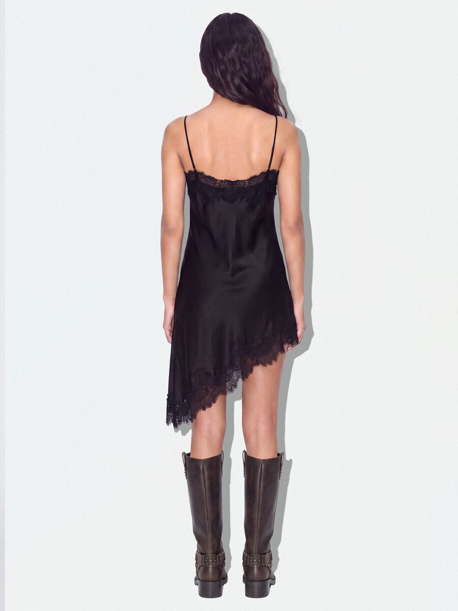 Black viscose-blend dress with deep V-neck and lace_2