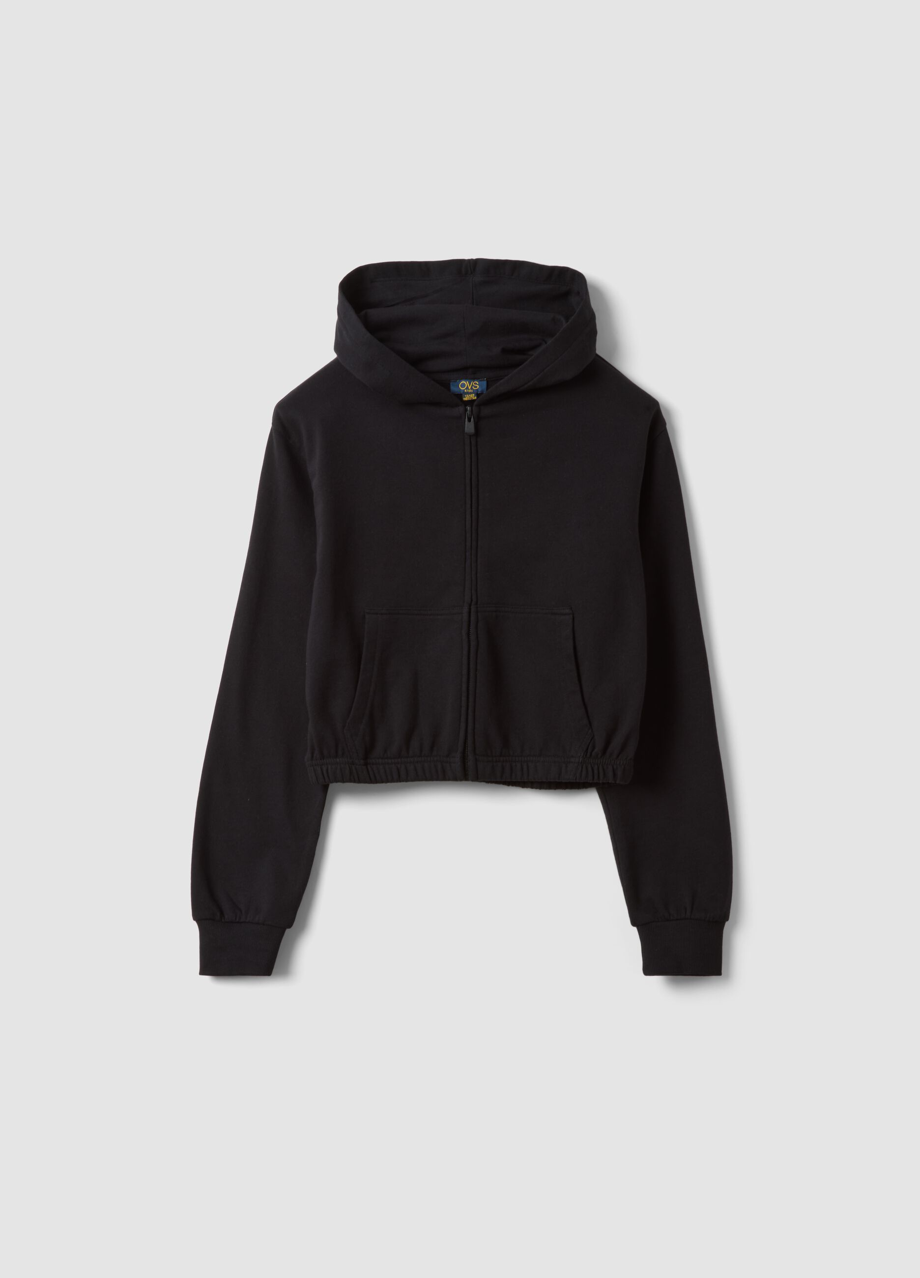 Short black pure cotton hoodie with crew neck for girls