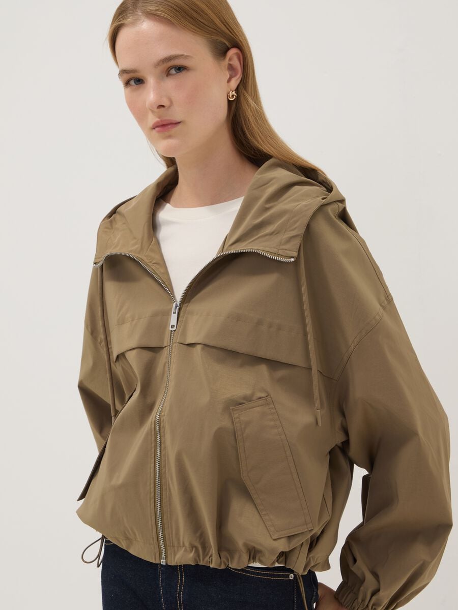 Beige hooded jacket with zip_0