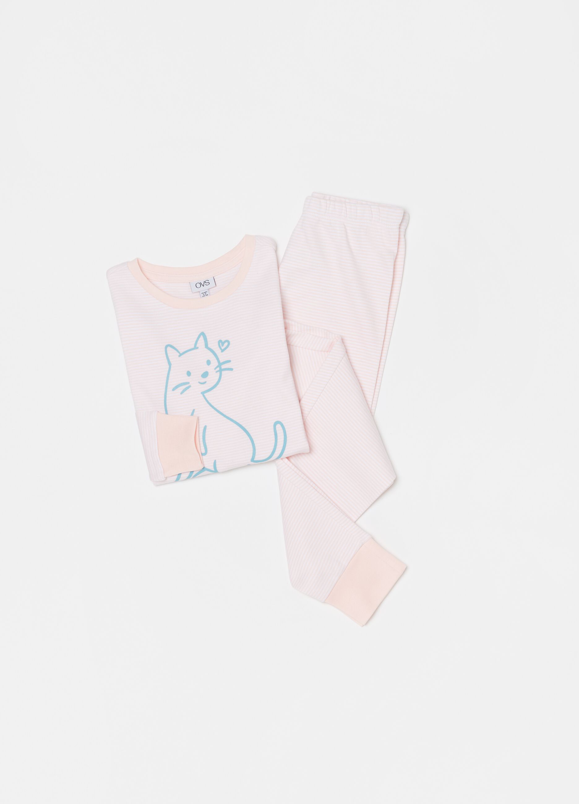 Pijama de algodón 100% de rayas con gatito