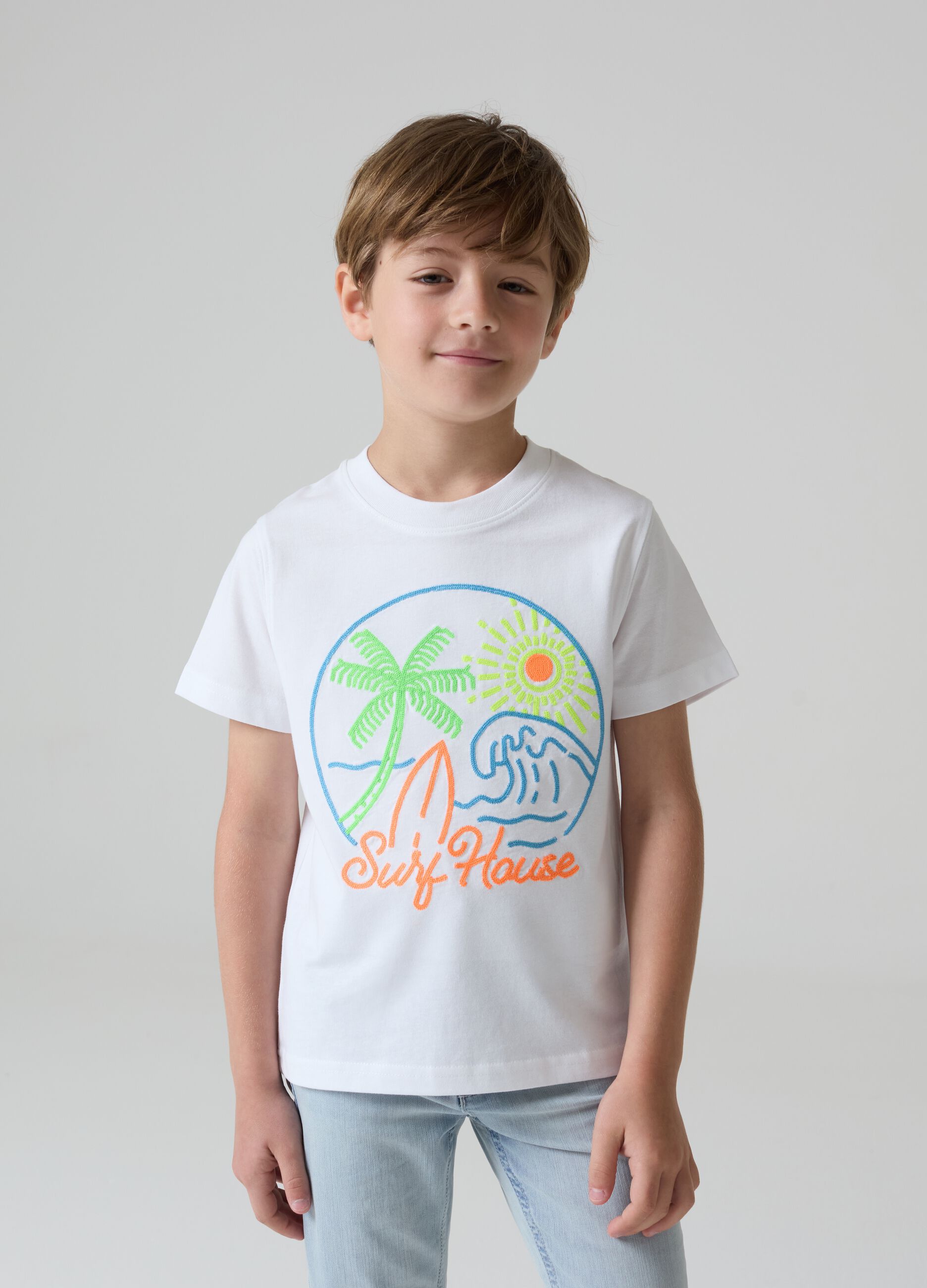 Cotton T-shirt with surf motif embroidery