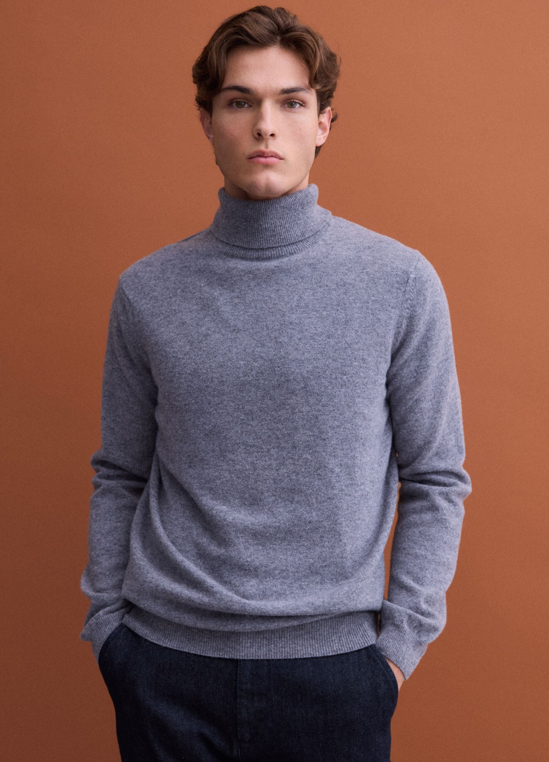 Grey marl pure wool roll-neck jumper, regular fit