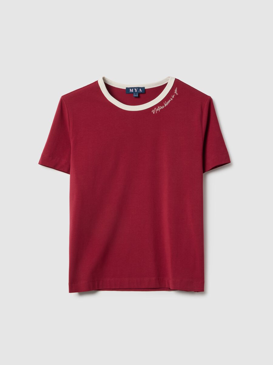 Red regular fit stretch cotton t-shirt with embroidered phrase_4