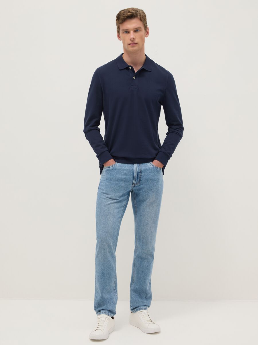 Long-sleeve blue polo shirt in pure cotton regular fit_1