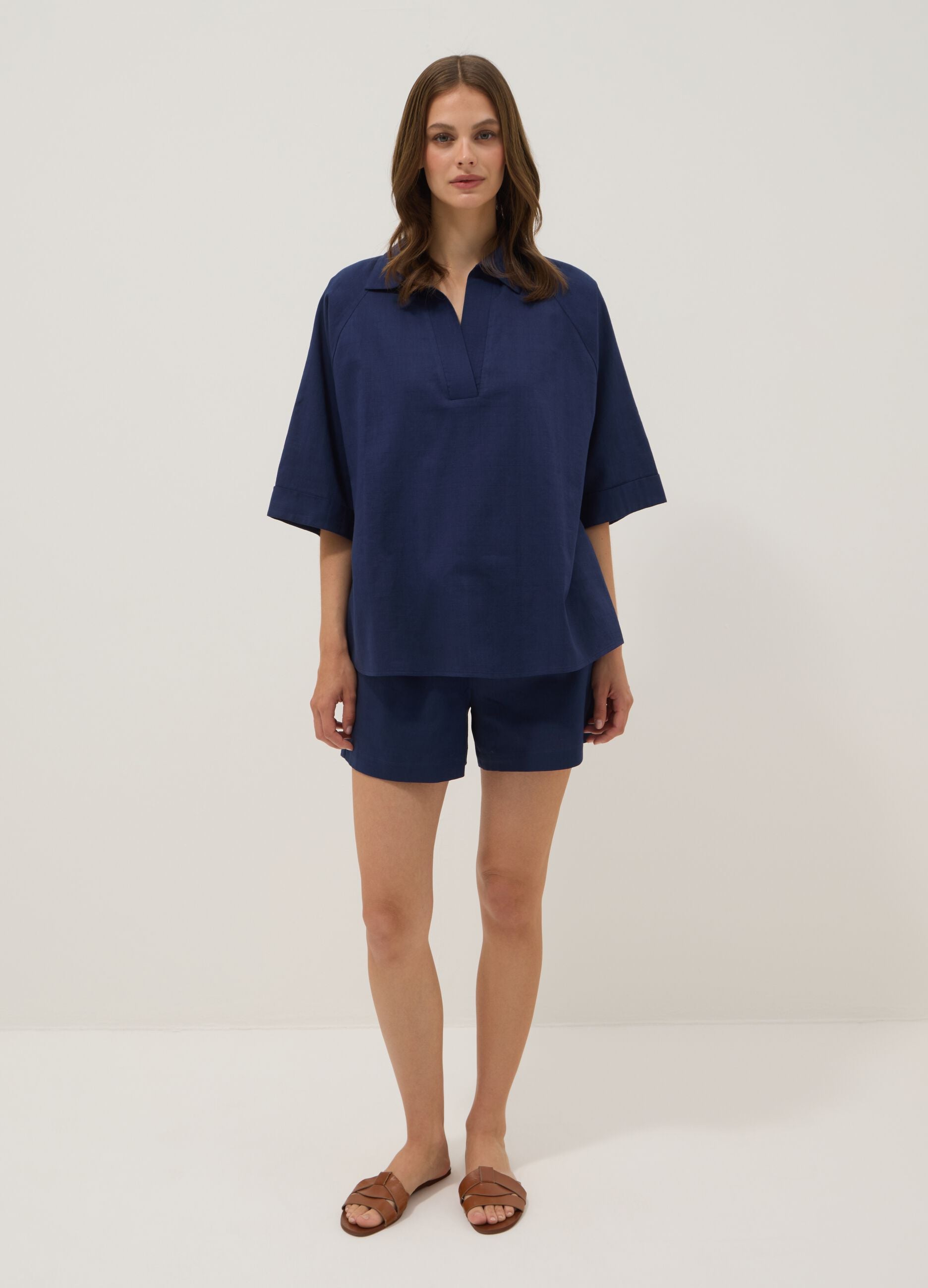 Blue pure cotton V-neck top