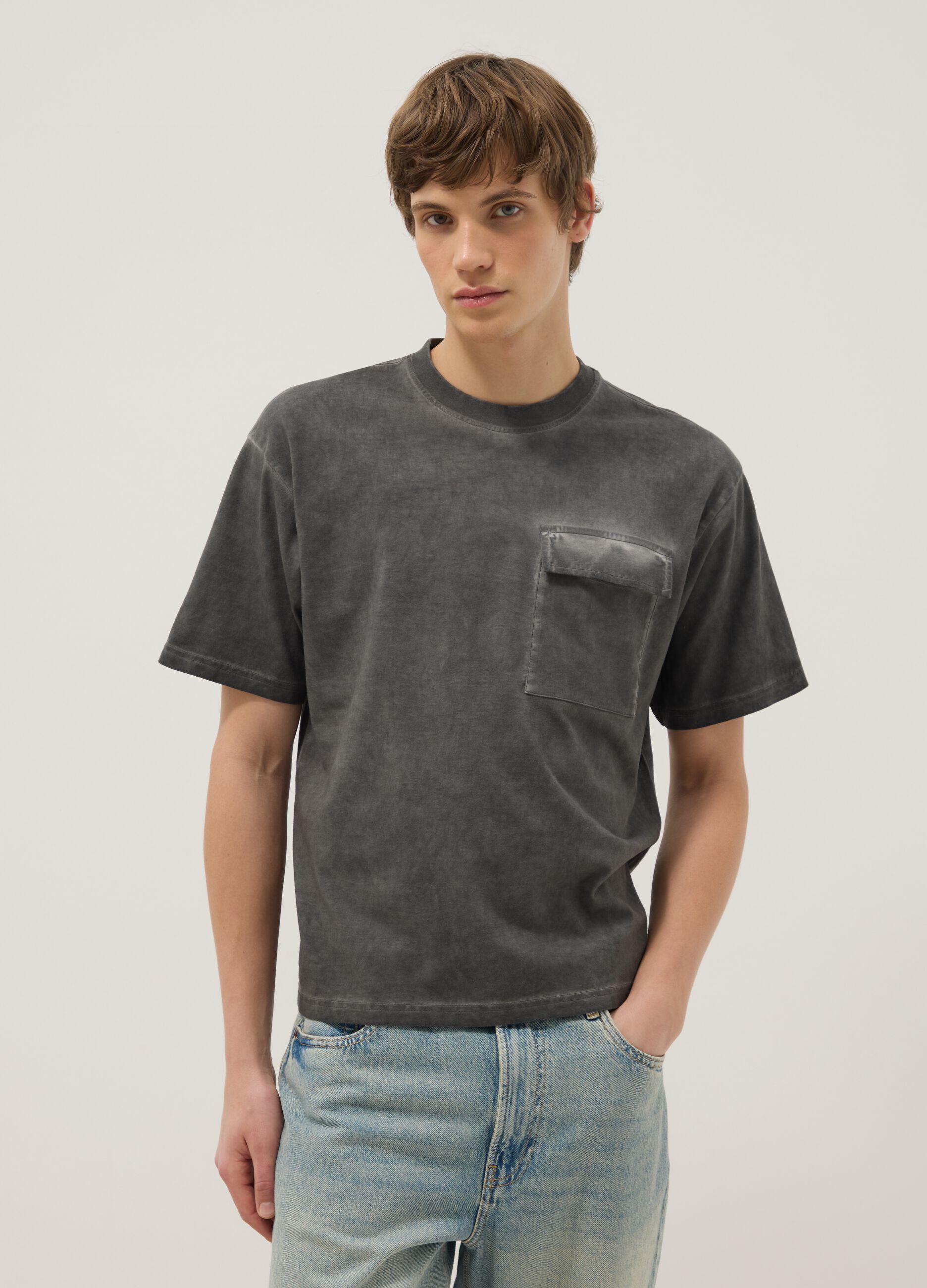 Grey pure cotton regular fit T-shirt with pocket