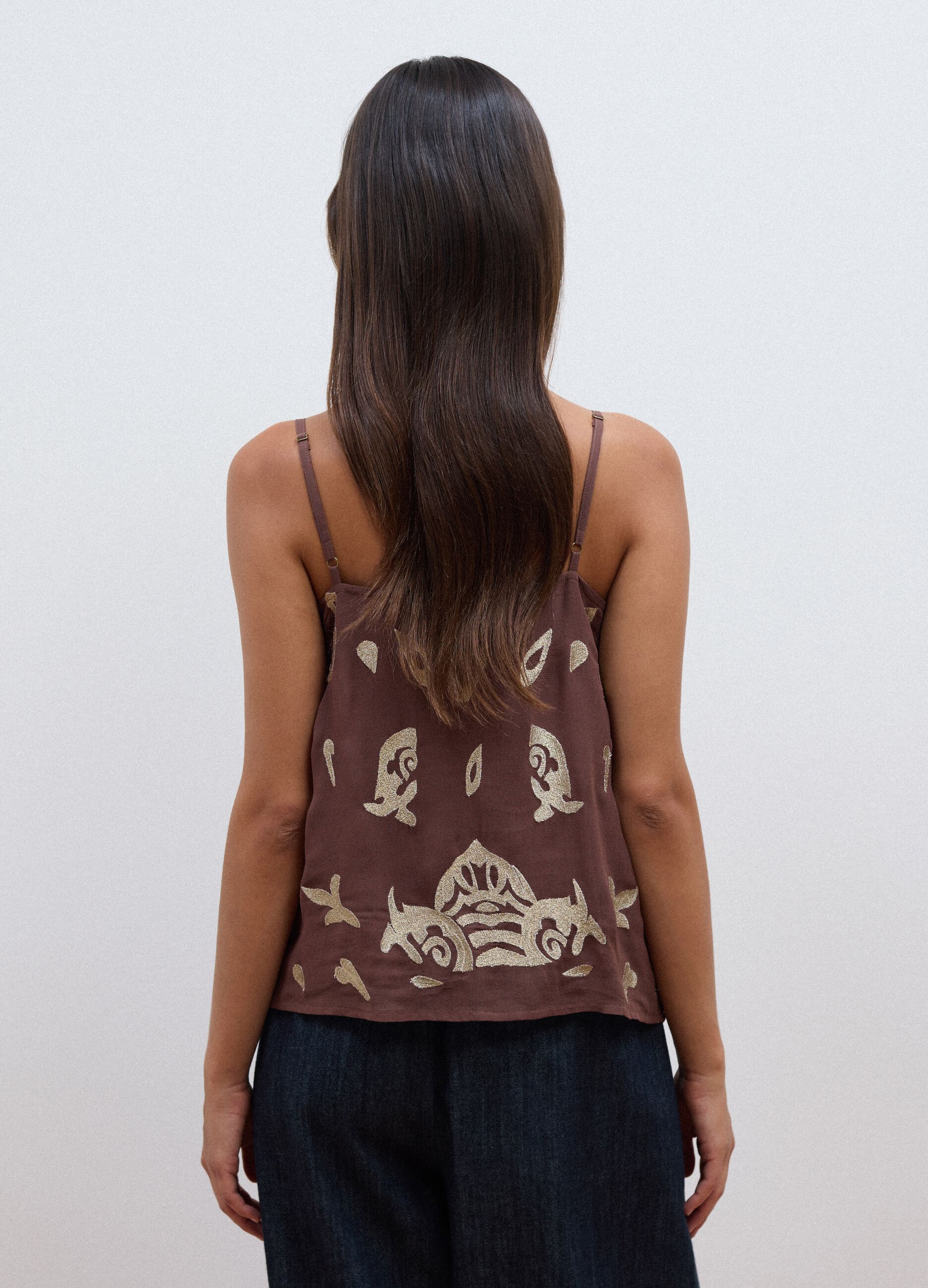 Brown fitted pure viscose top with thin straps and embroidered pattern