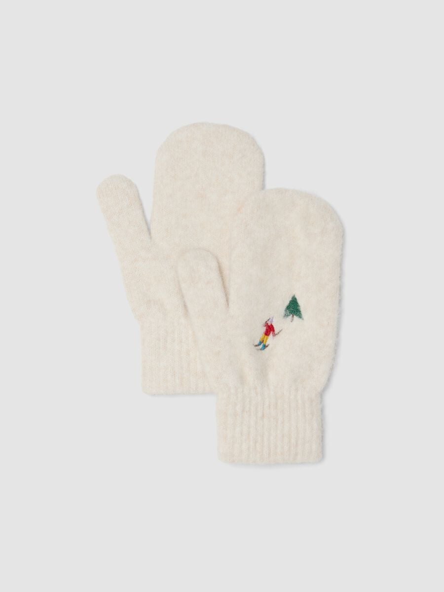 Beige stretch wool-blend gloves with ski embroidery_0