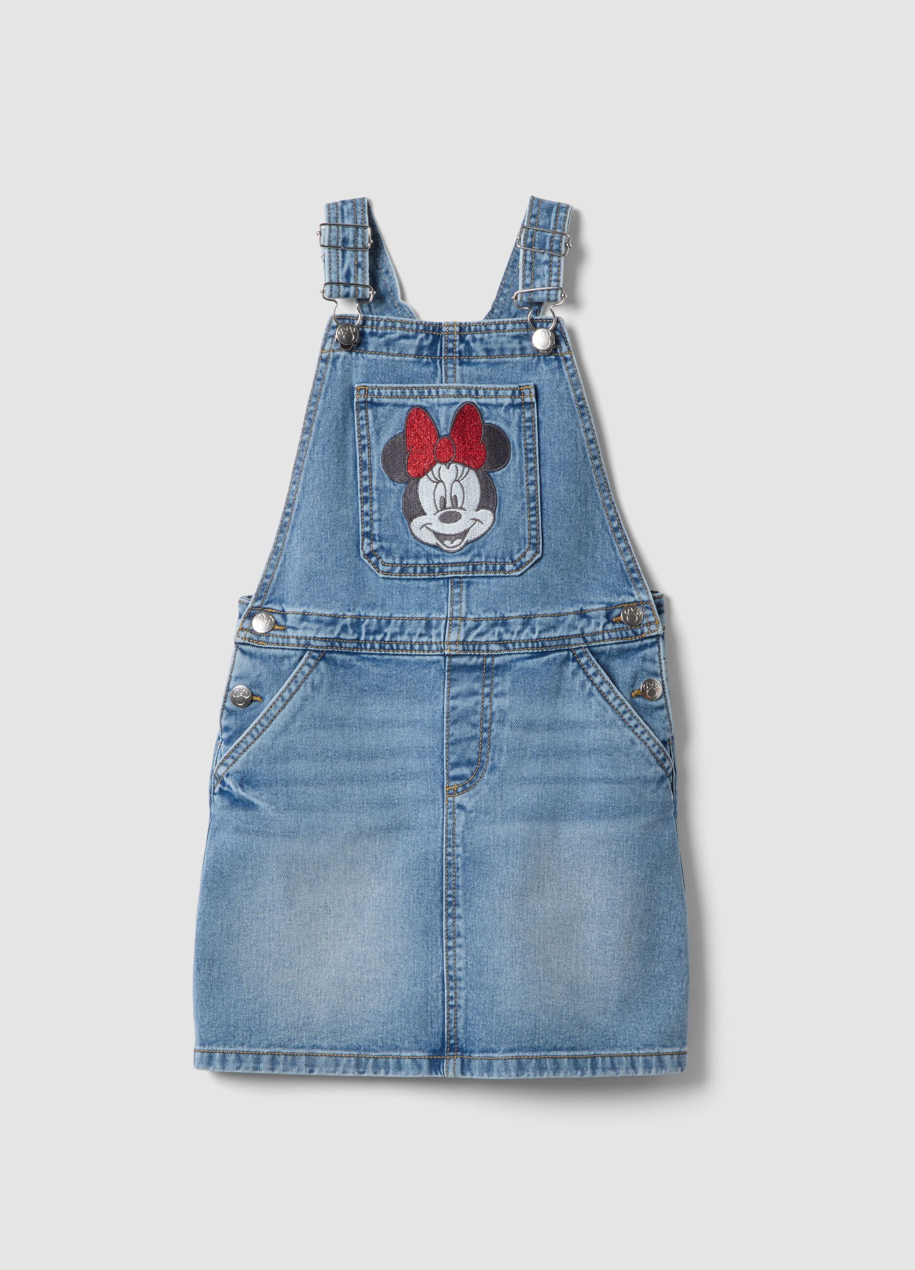 Girls&rsquo; blue denim dungarees in 100% cotton with Minnie embroidery