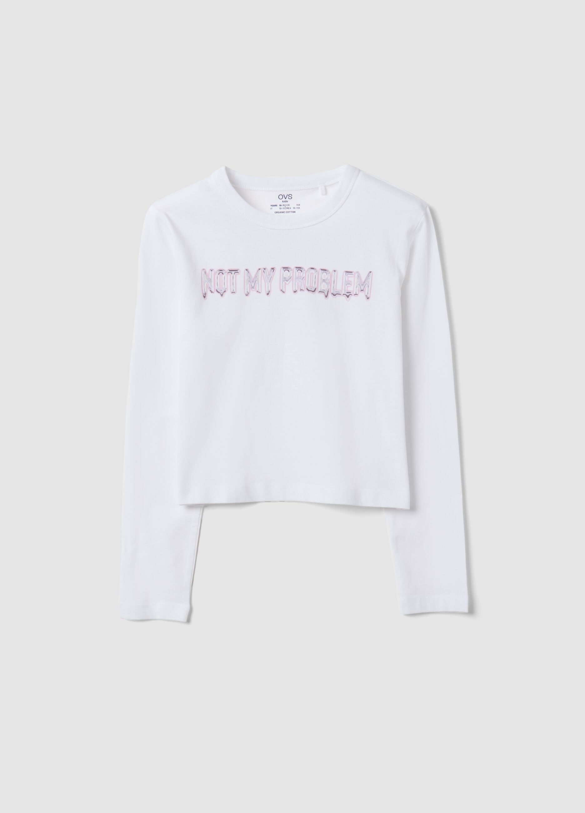 White organic cotton cropped T-shirt with ribbed neckline for girls