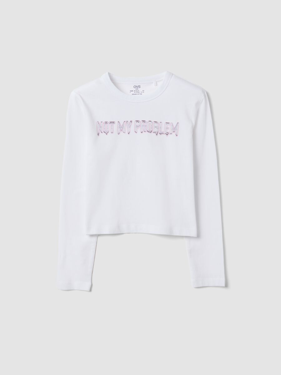 White organic cotton cropped T-shirt with ribbed neckline for girls_0