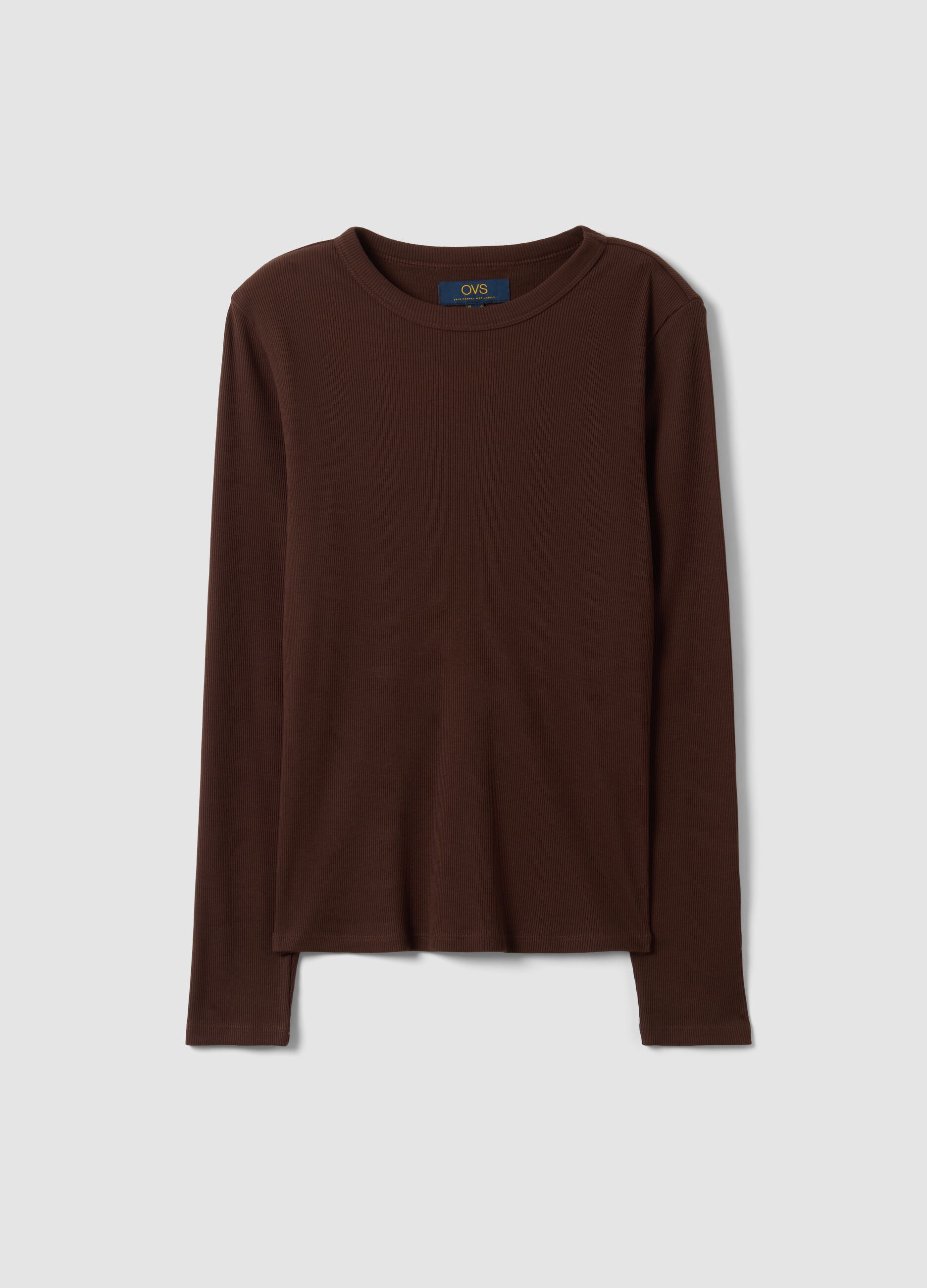 Brown long-sleeve pure cotton T-shirt