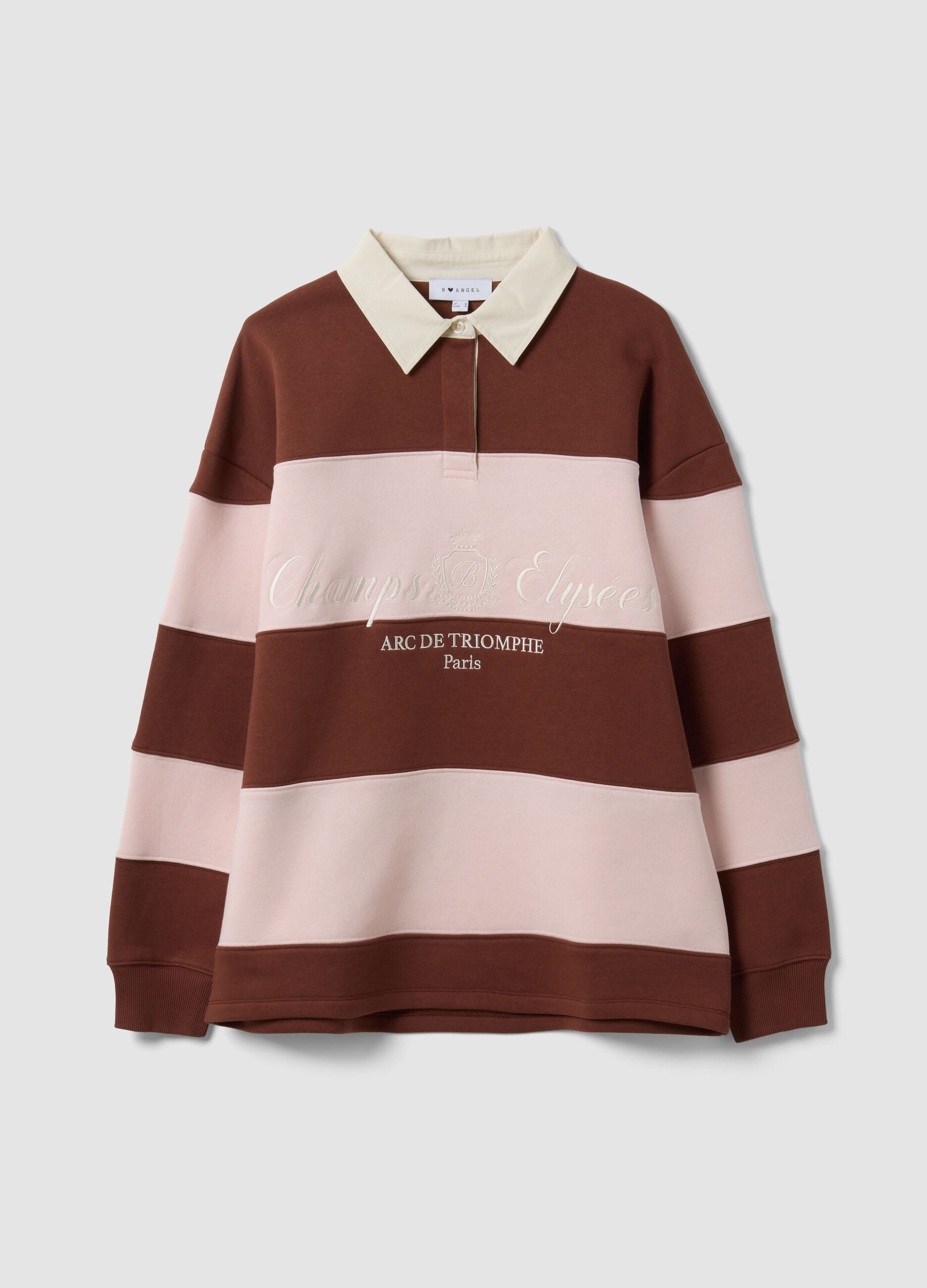Sweatshirt castanha &agrave;s riscas em mistura de algod&atilde;o com colarinho, corte relaxed