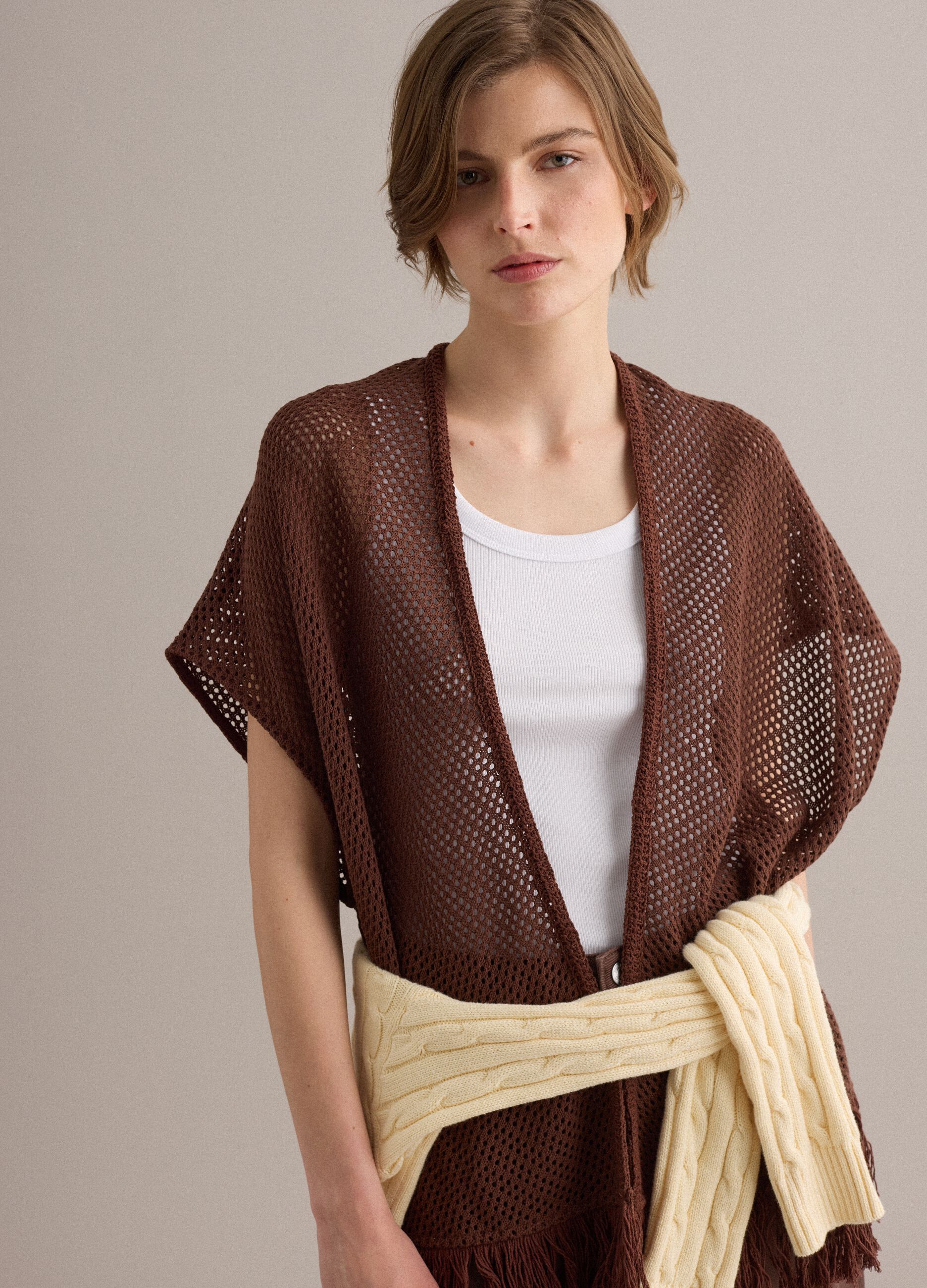 Brown fringed mesh-knit viscose-blend cardigan
