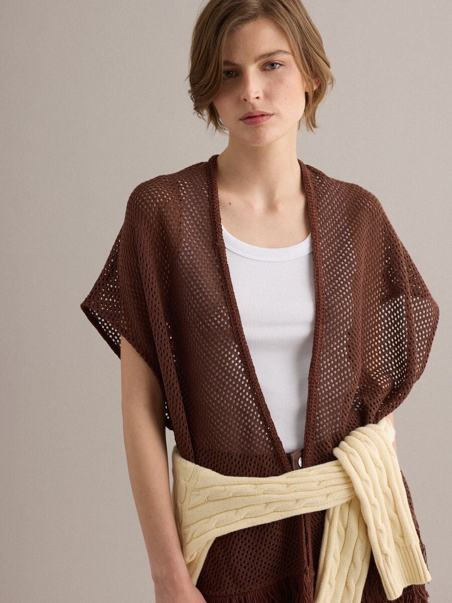 Brown fringed mesh-knit viscose-blend cardigan_3