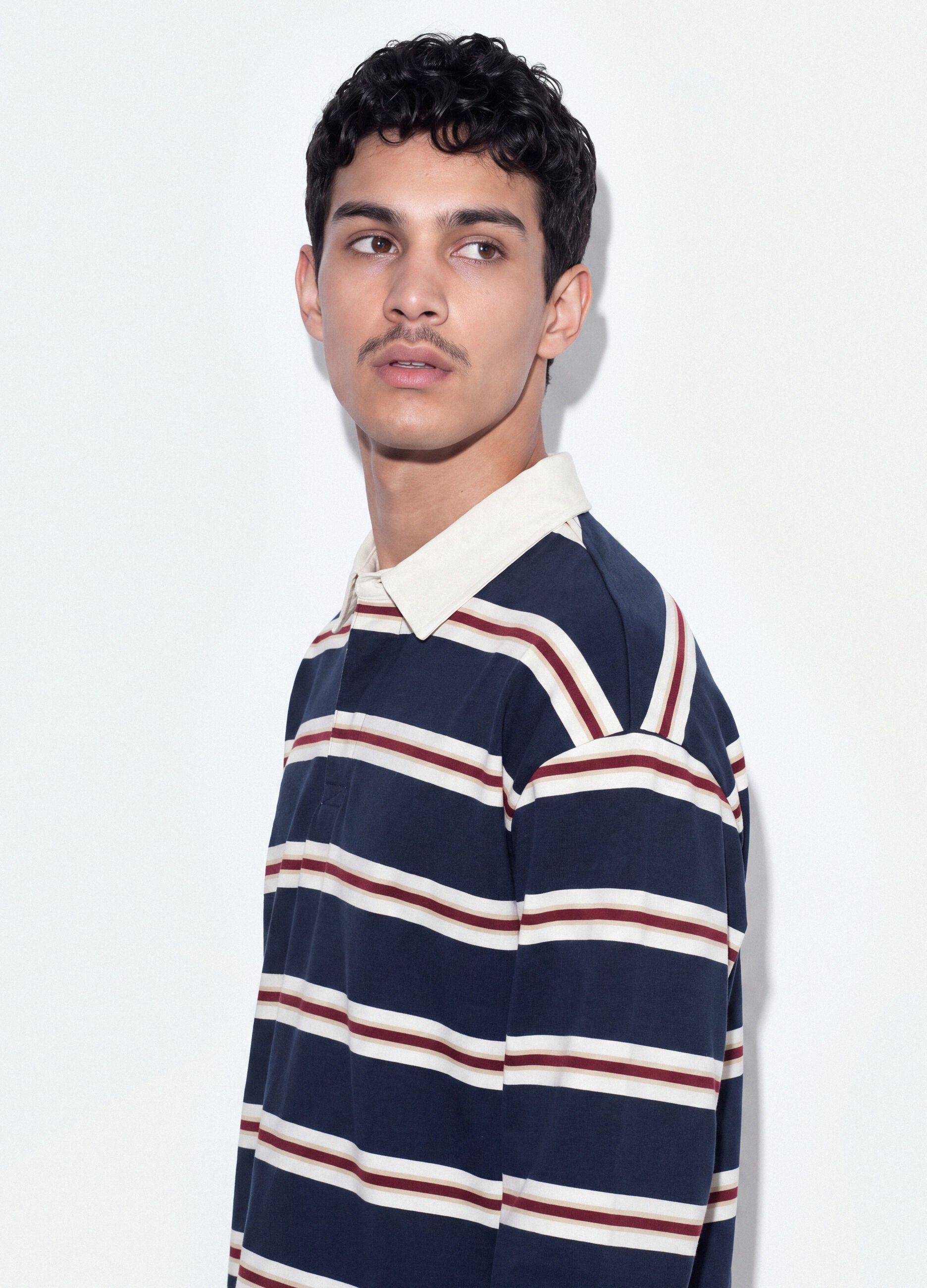 Blue striped pure cotton rugby polo with classic collar
