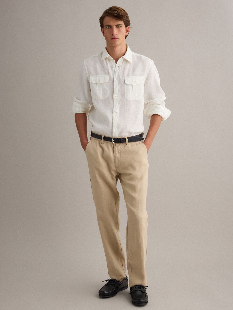 Beige pure linen chino trousers, regular fit_0