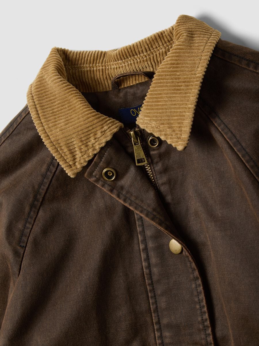 Brown cotton-blend jacket with contrast collar for girls_4