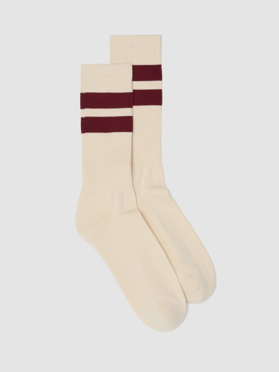 White Stretch Cotton Blend Tennis Socks with Stripes_0