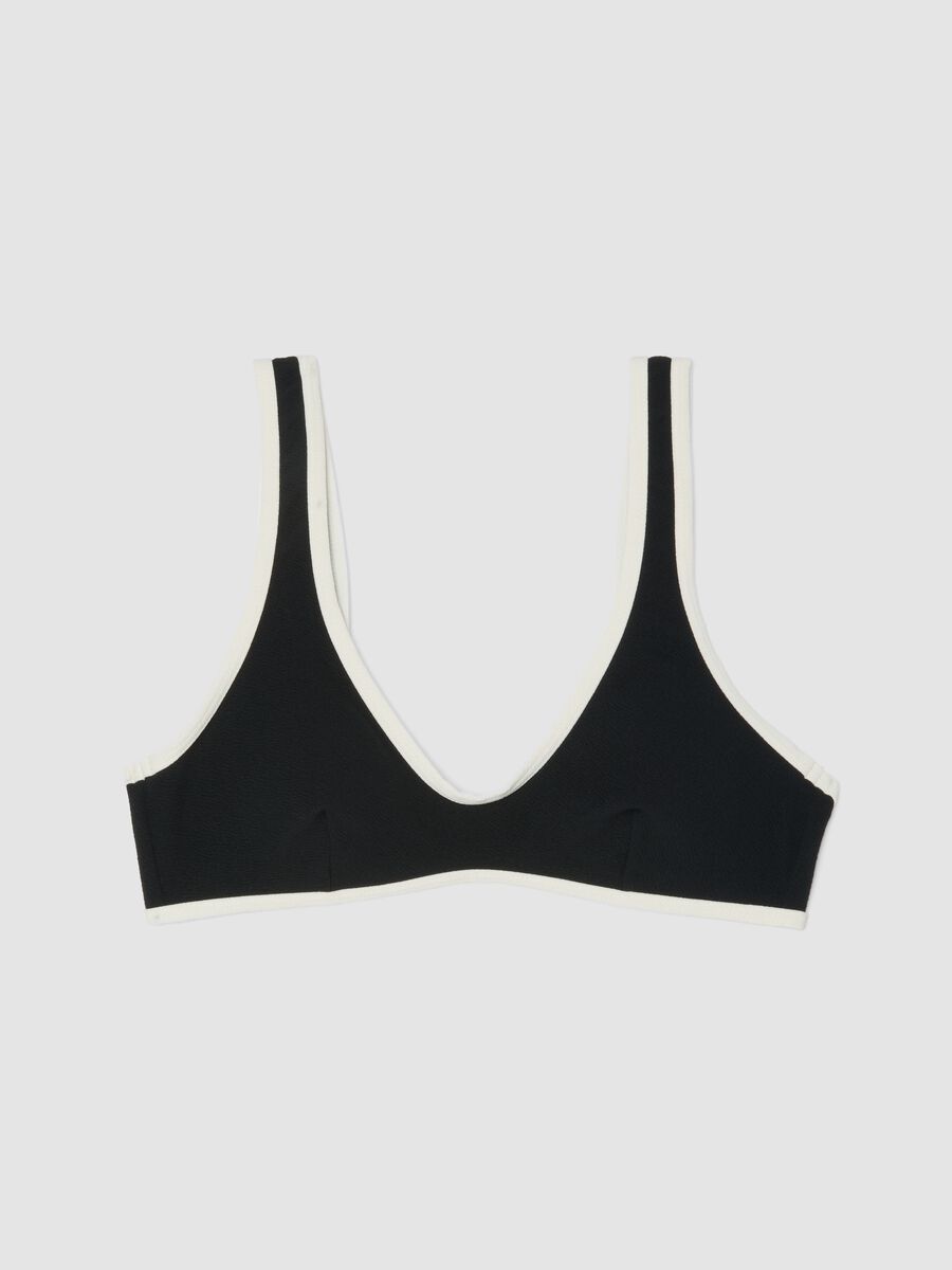Black stretch fabric bikini top with white trim_4