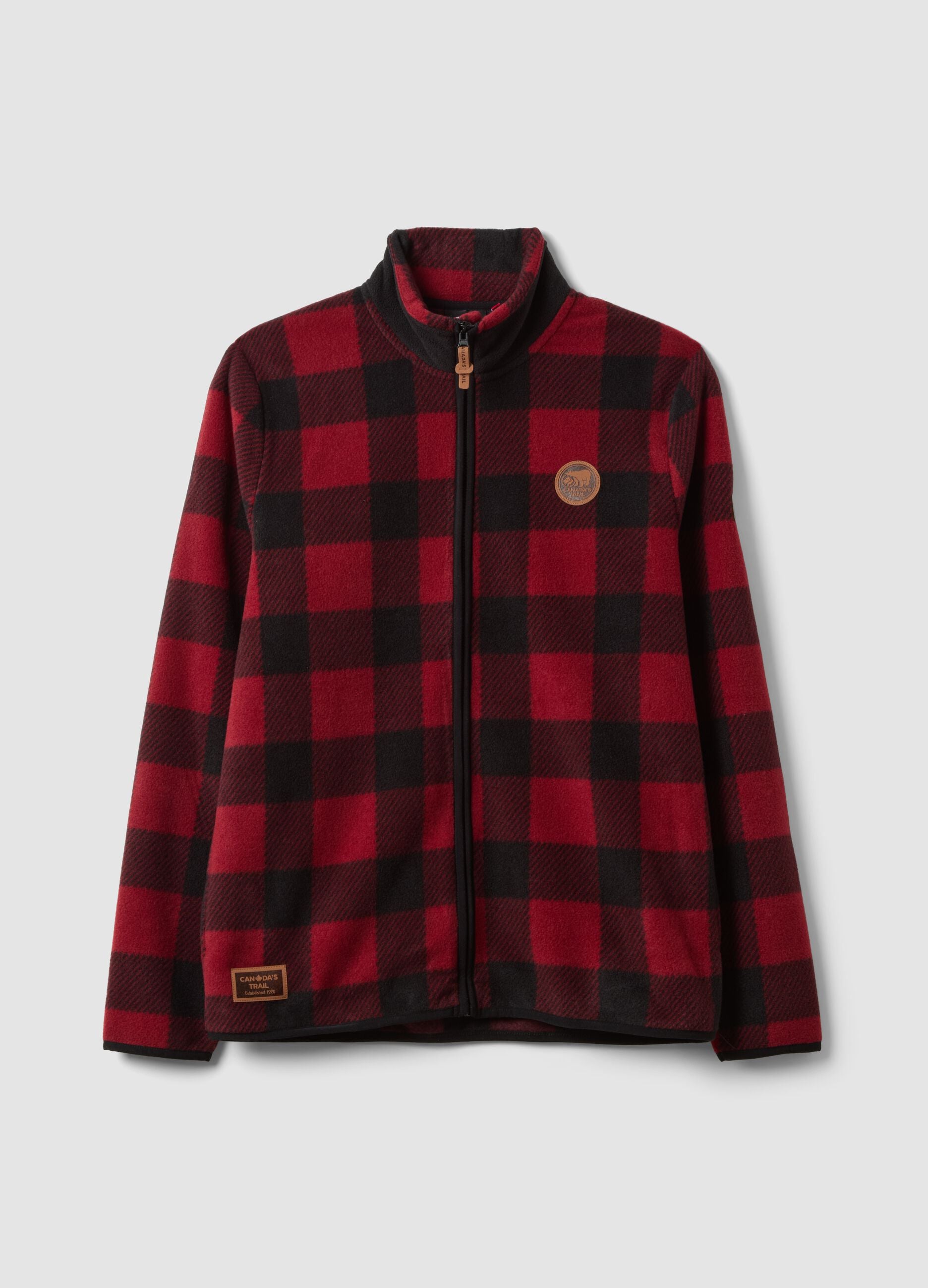 Red heavy check jacket with zip and high neck