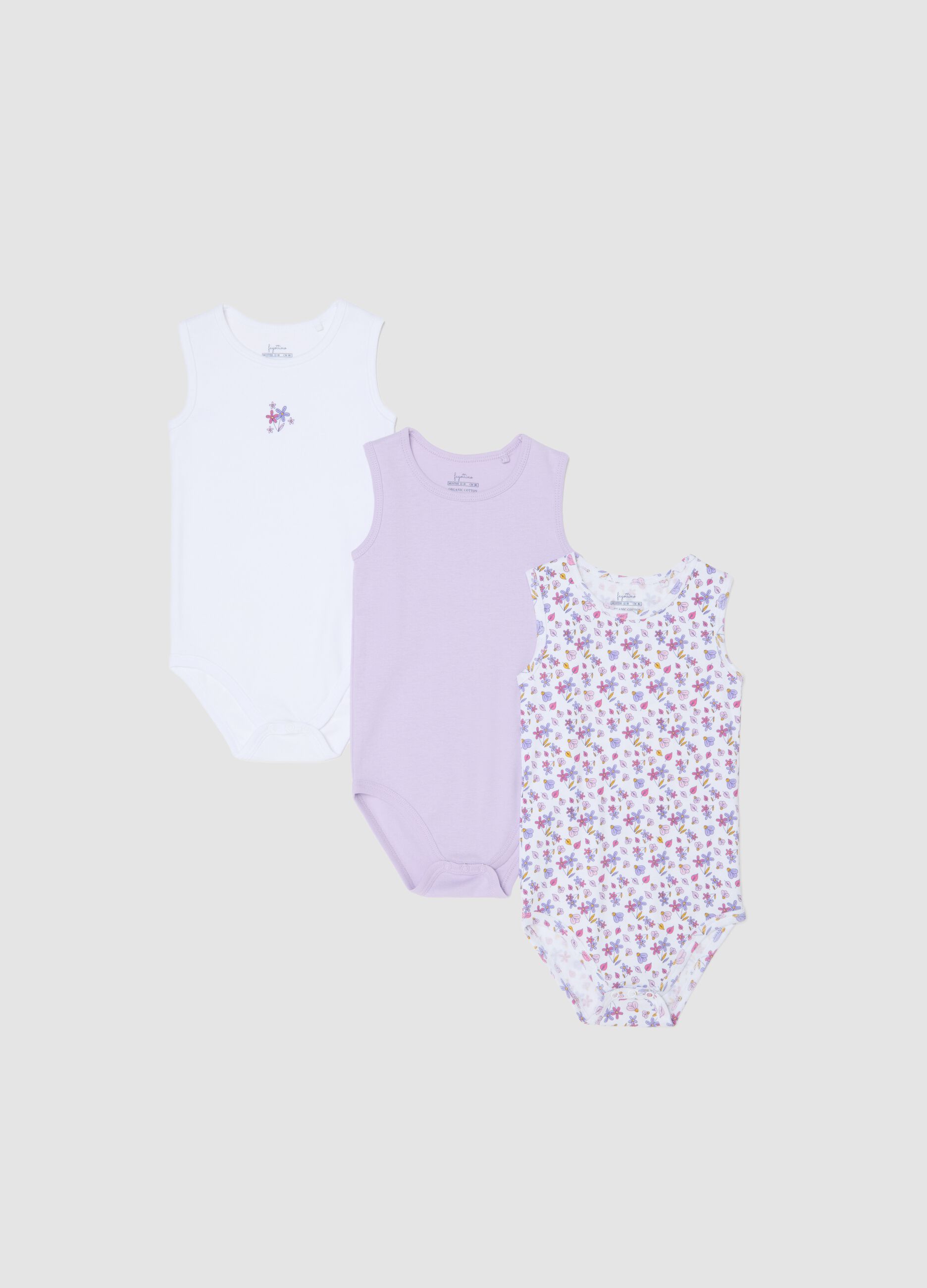 Multicolour sleeveless cotton bodysuit tripack for baby girls